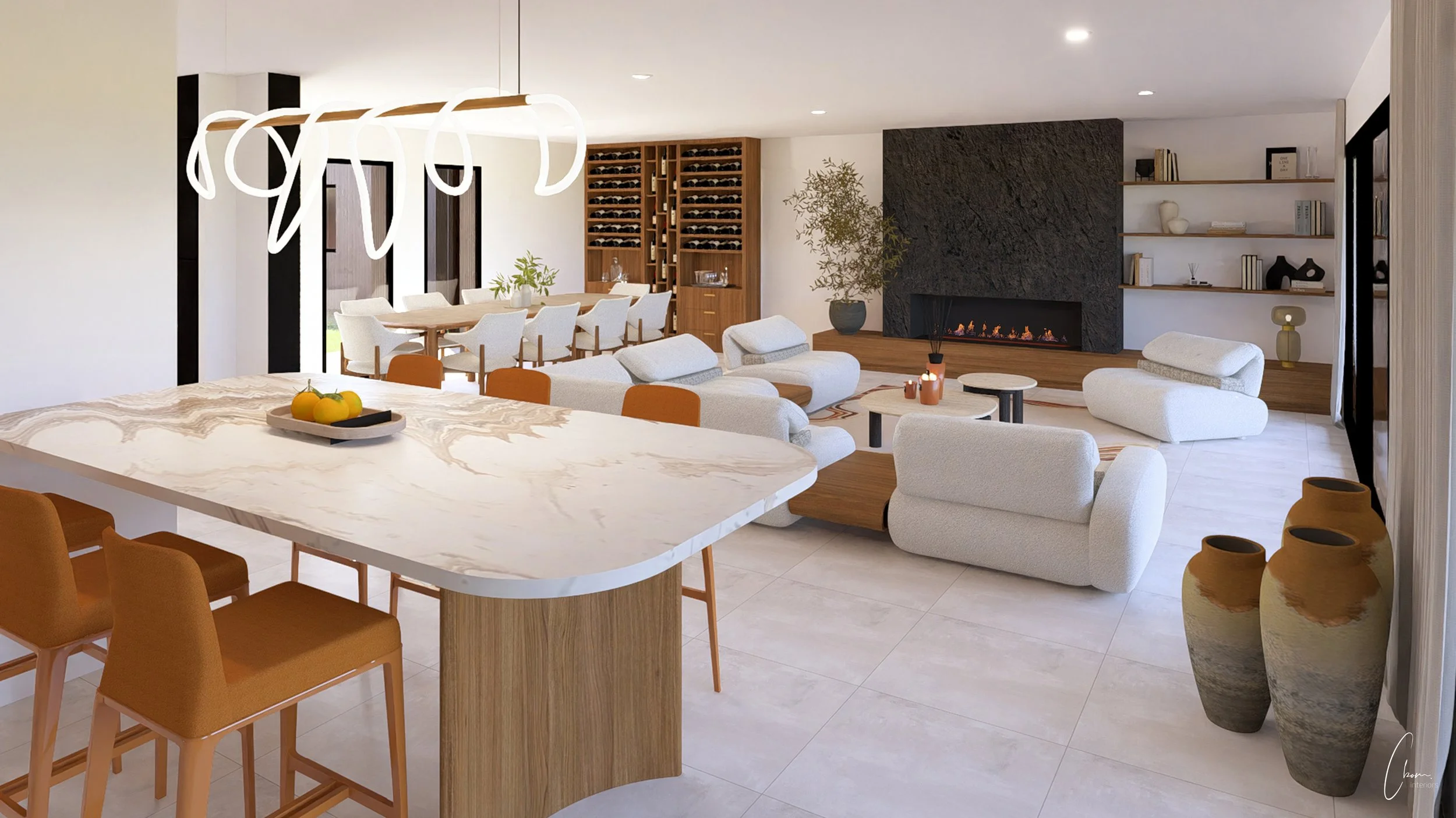 3D rendering of a vast open living space with black stone fireplace, Villa Terra interior architecture project