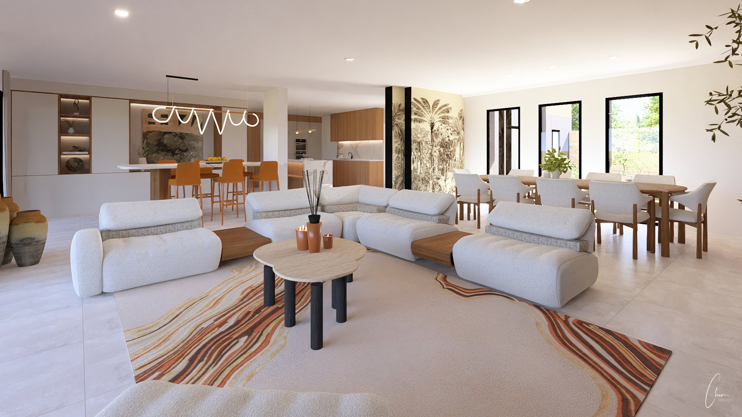 Open living space with large graphic rug and fireplace, interior design of a contemporary villa