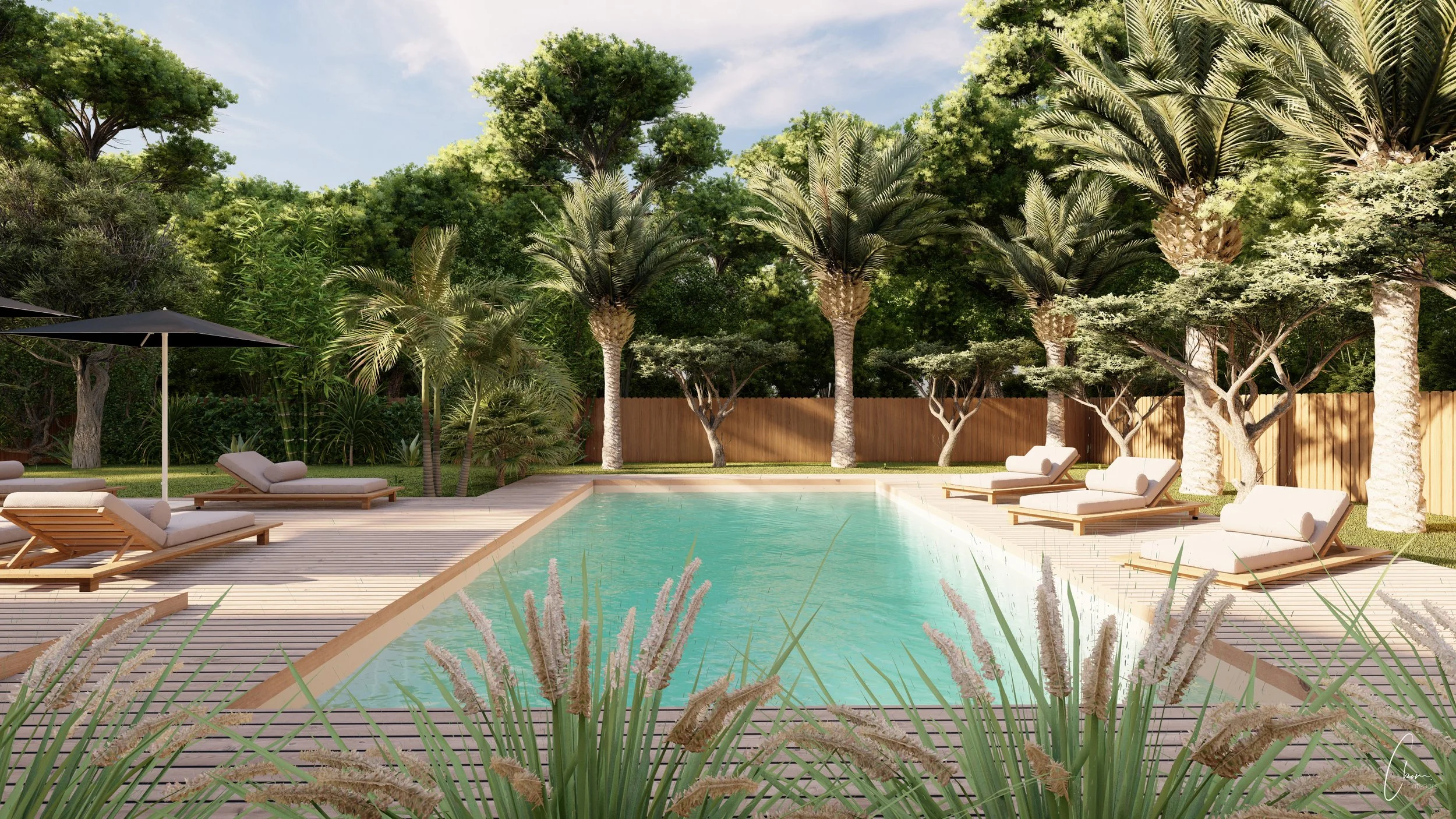 Pool and wooded garden of a villa, 3D design of an outdoor project in Cap Ferret