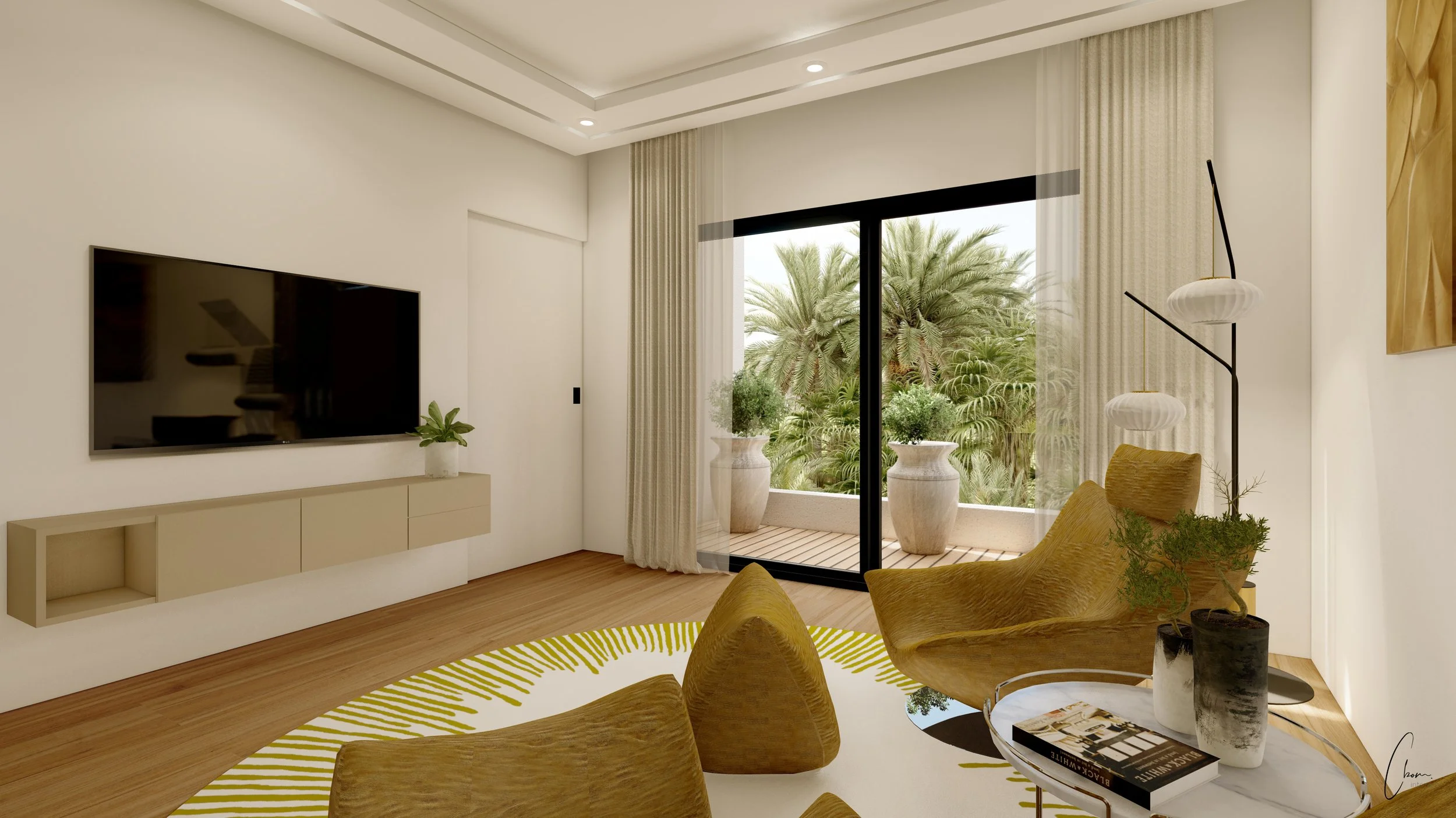 Master suite TV lounge with ochre armchairs and anise green rug, interior architecture of a luxury Marrakech villa
