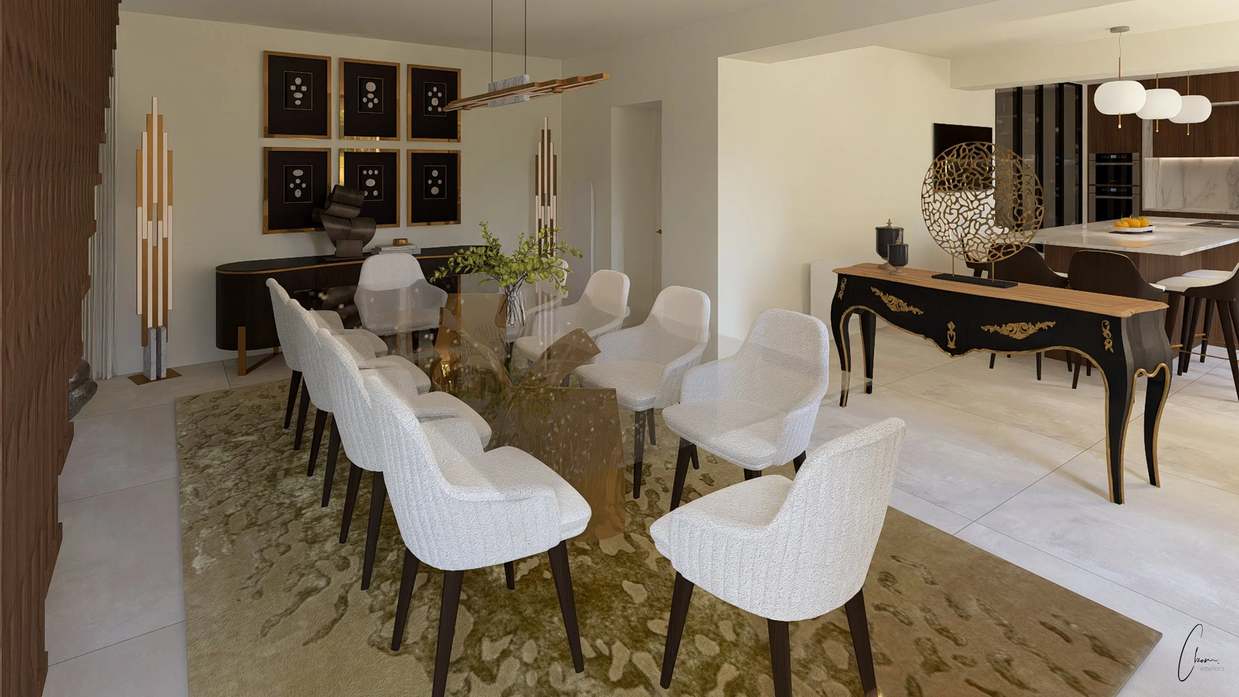 Salle de repas d'une longère rénover , aménagement sur mesure accueillant un grand nombre de personnes au ton doré 
