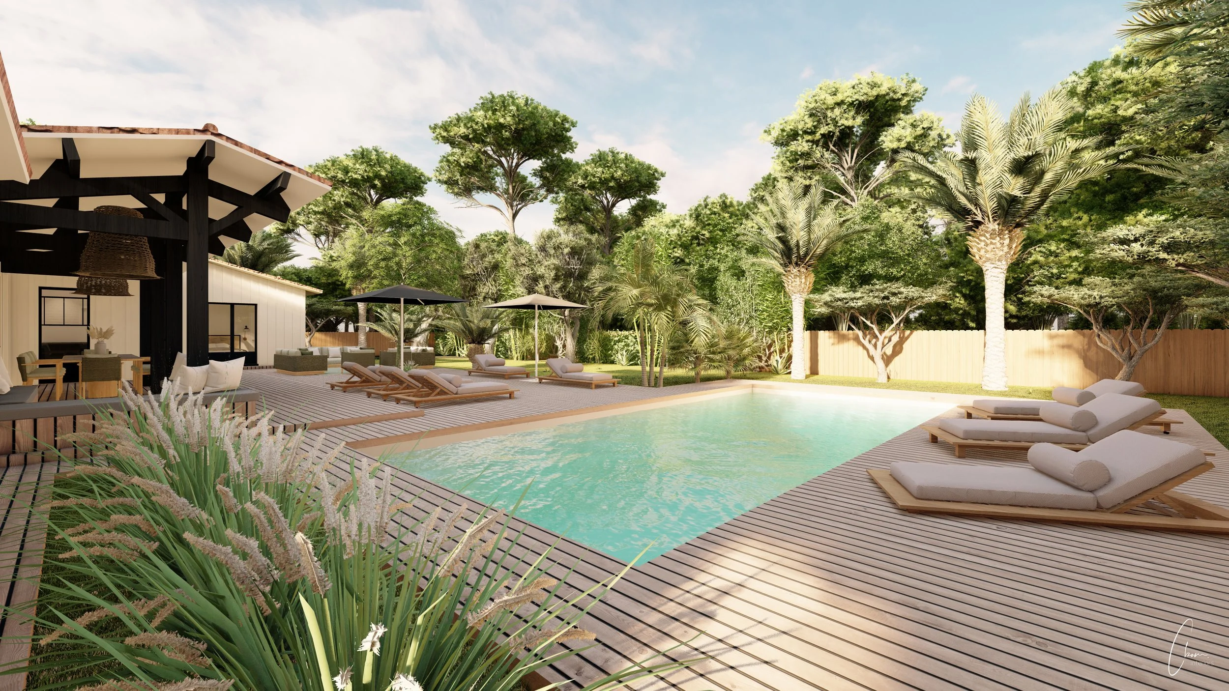 Rendu 3D d'une piscine bordée d'une terrasse en bois, villa de prestige à la pointe du Cap Ferret