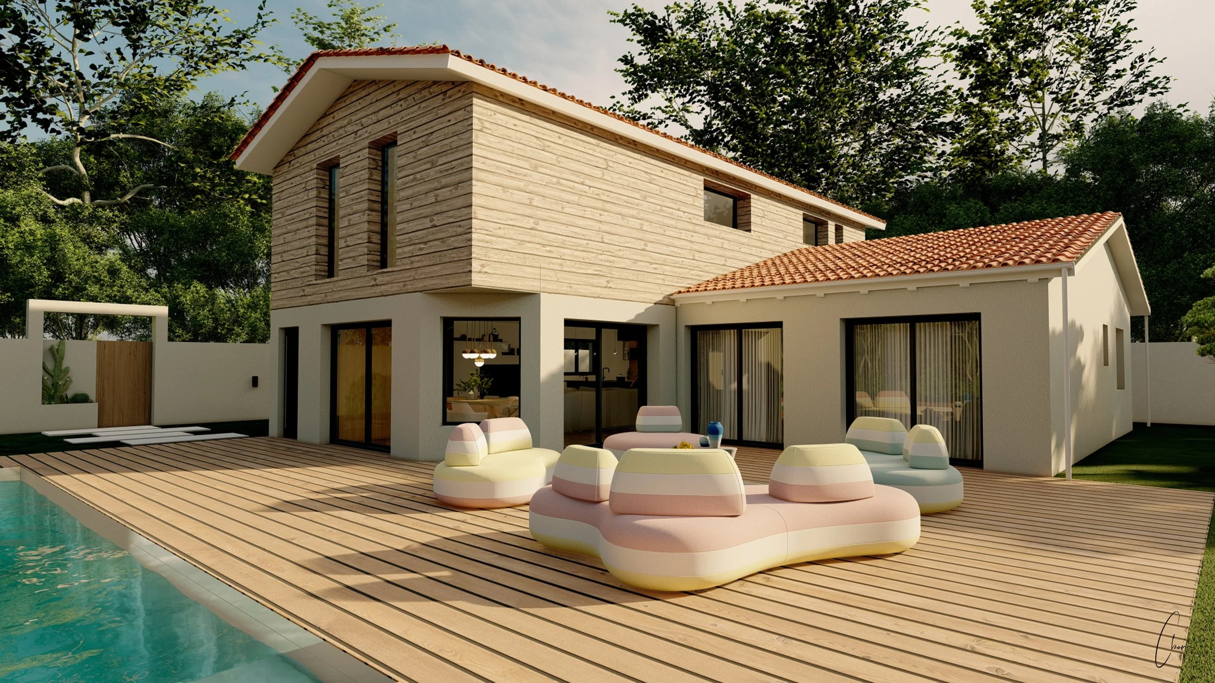 3D rendering of a timber-framed home with pool and terrace, outdoor design project in Pyla-sur-Mer