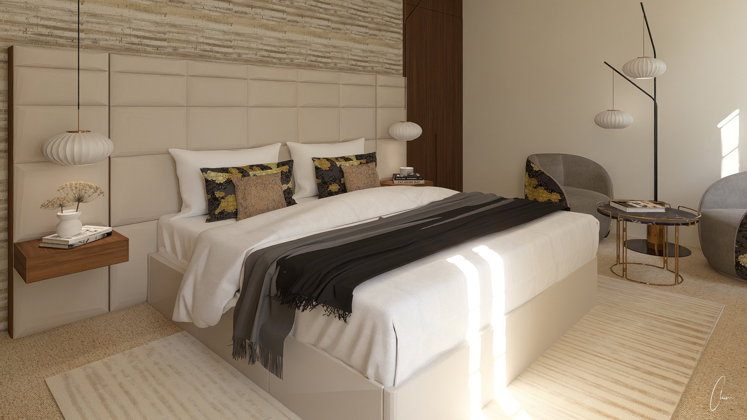 3D rendering of the master suite in a Gironde farmhouse, upholstered headboard and natural materials