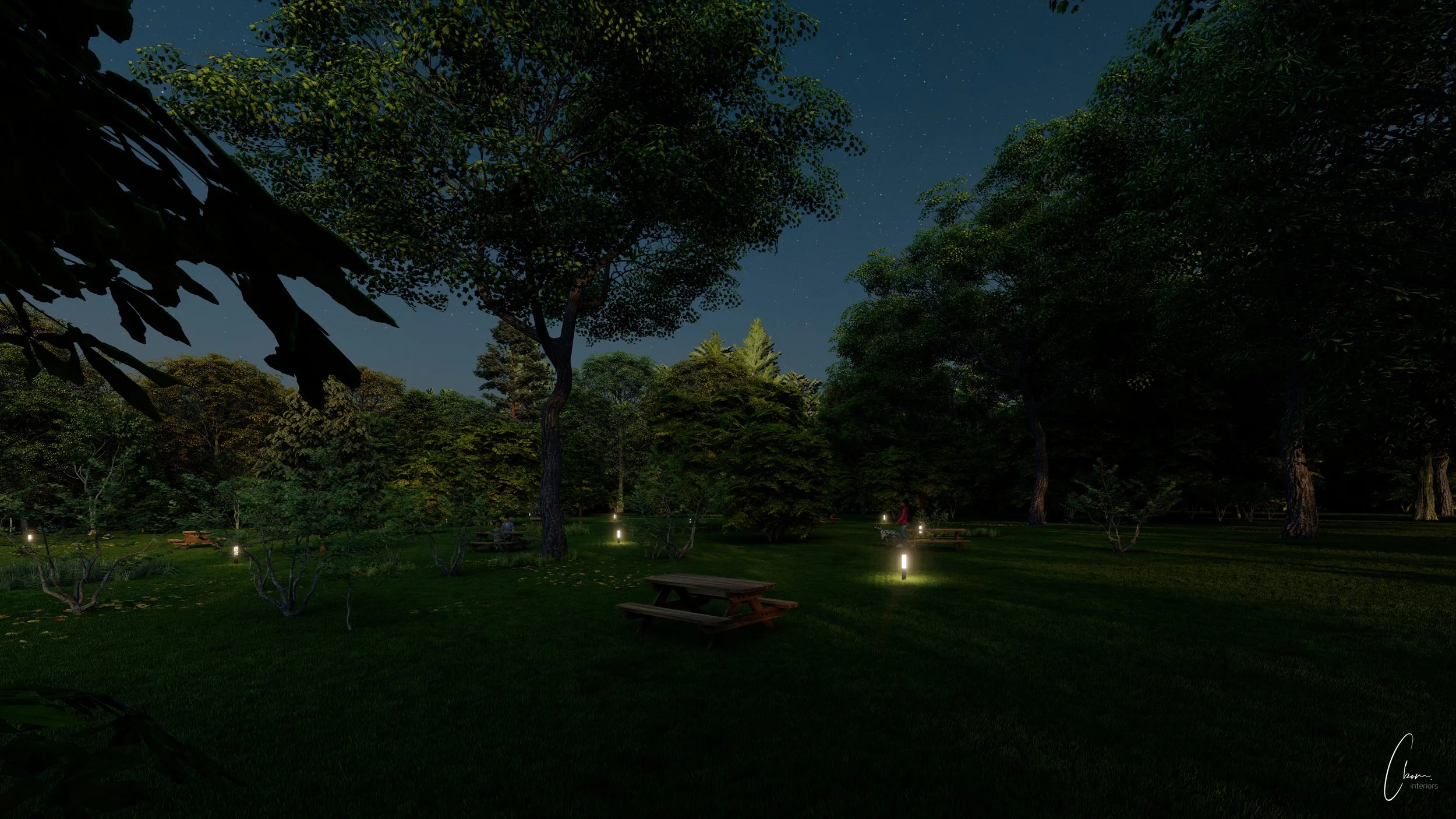 Picnic area illuminated at nightfall in a park, outdoor design project in Limoges