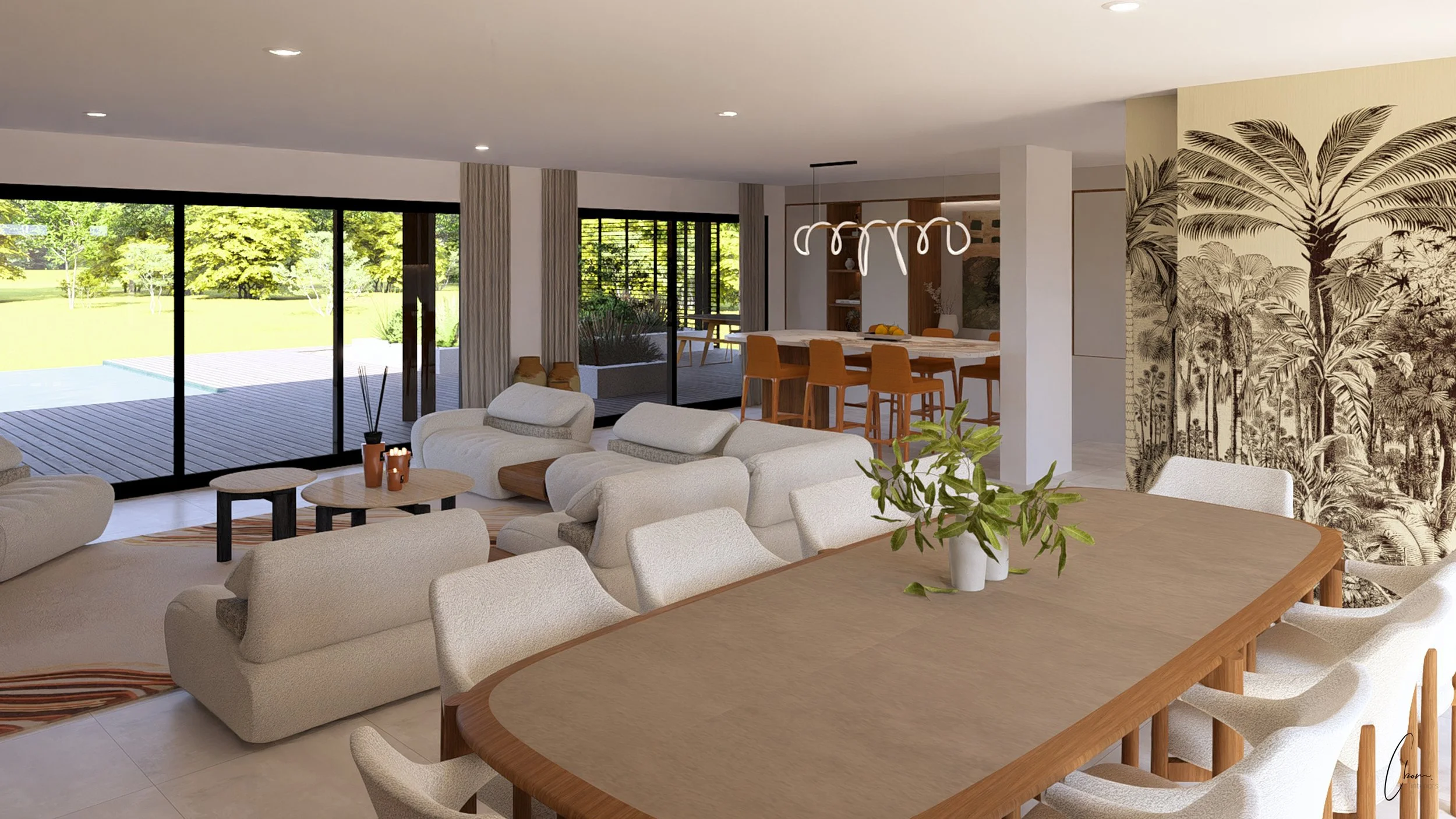 View from lounge to dining room, interior design of a contemporary villa