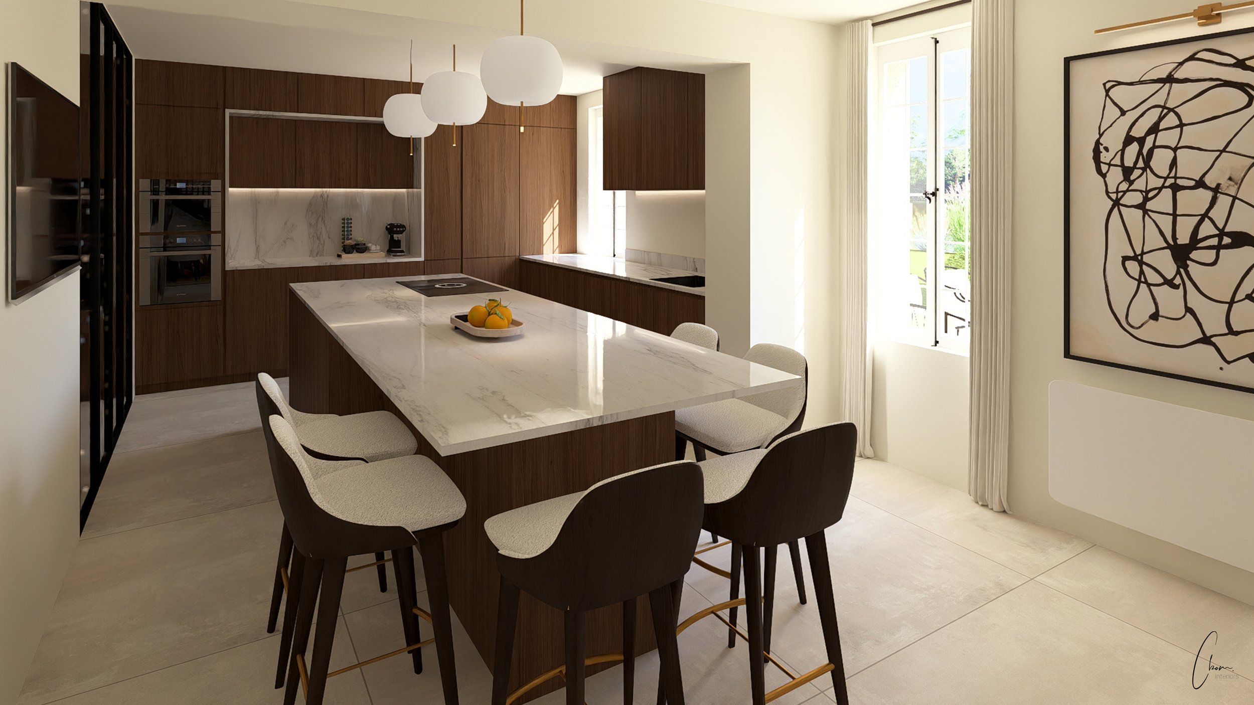 Open kitchen of a Dordogne farmhouse, 3D design of a high-end interior layout