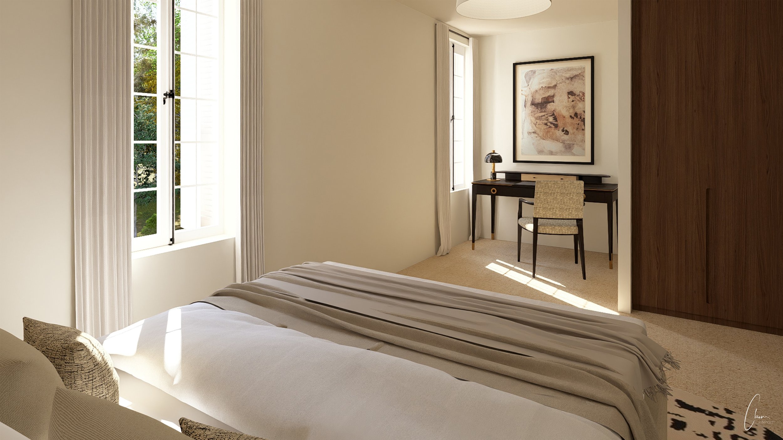 chambre contemporaine avec coin bureau, aménagement intérieur aux tons clairs