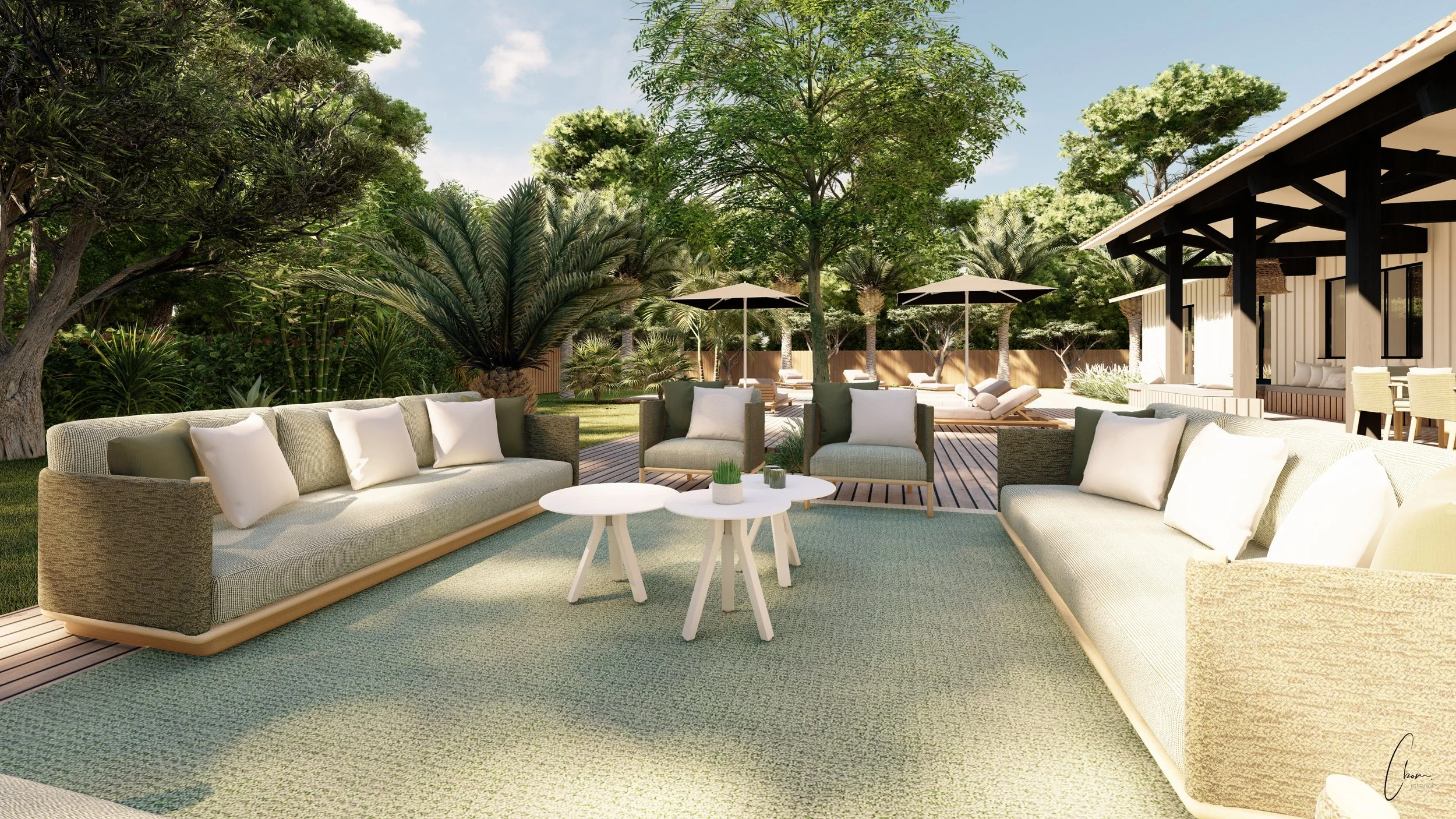 Lounge extérieur ouvert sur le jardin paysager, aménagement d'une villa à la pointe du Cap Ferret