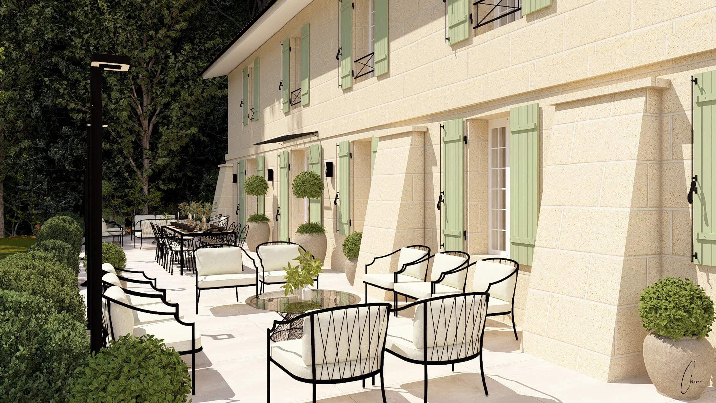 Façade d'une longère rénovée près de Libourne, aménagement extérieur et jardin paysager