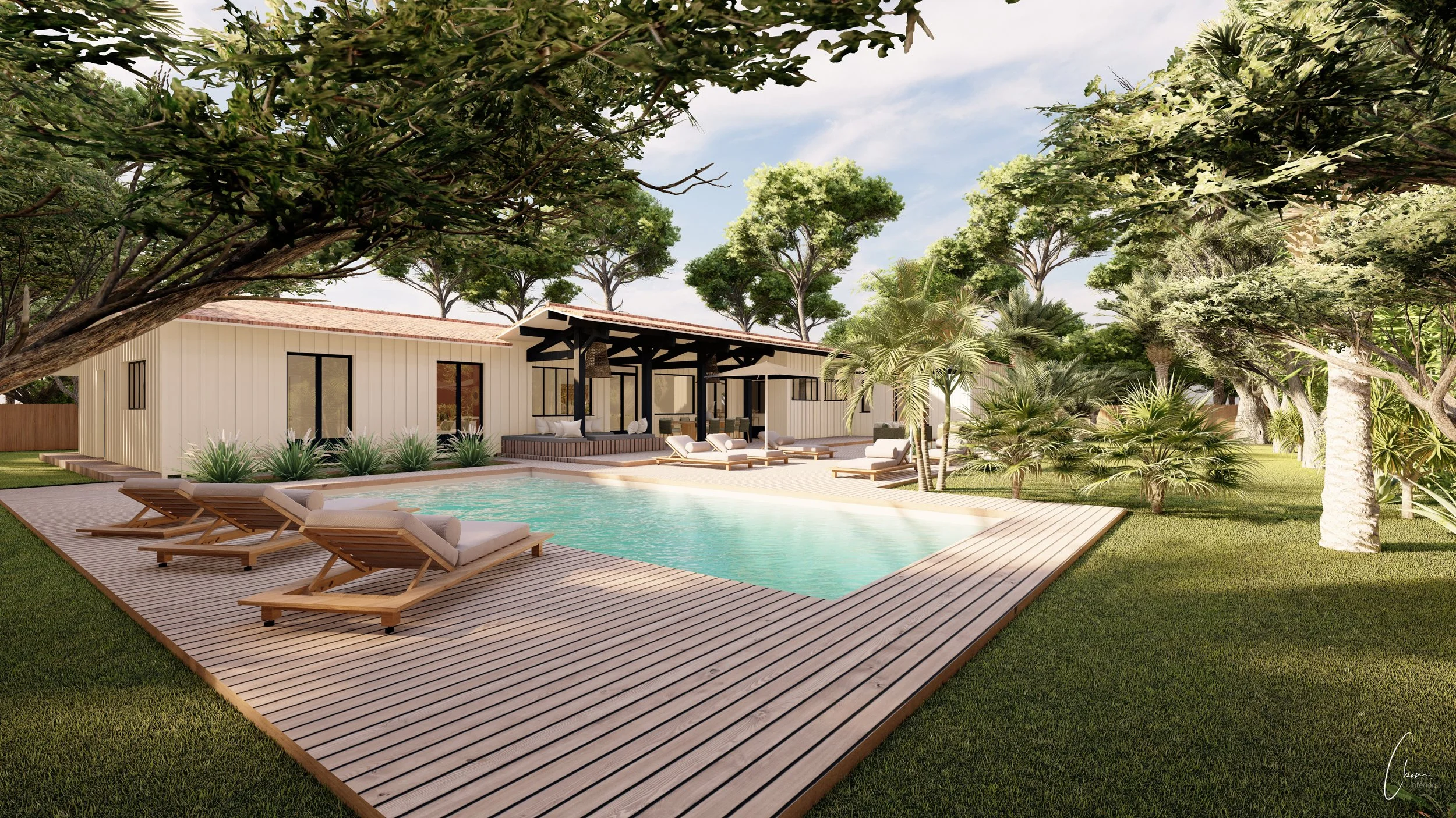 Vue d'ensemble de la villa et de sa piscine, projet de design extérieur dans les 44 hectares du Cap Ferret