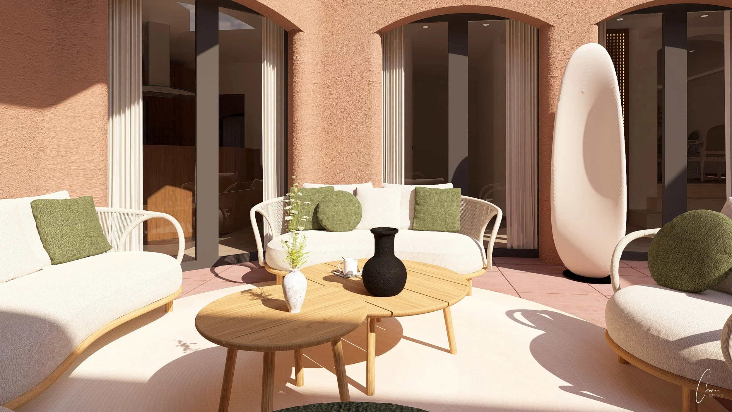 Rendu 3D d'une terrasse extérieure avec piscine, aménagement d'un patio de villa au Koweït