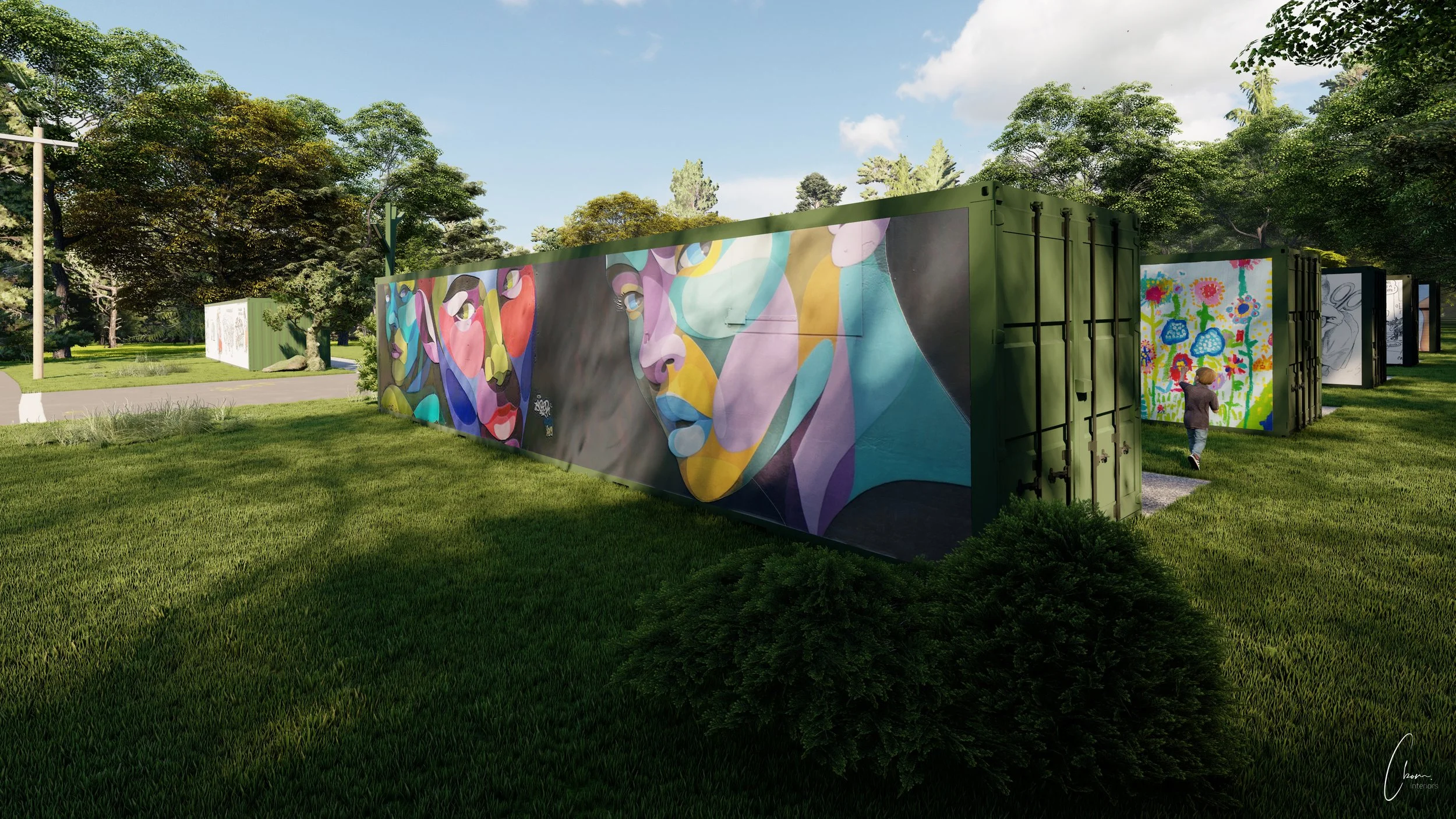 Conteneur orné d'une grande fresque de visages colorés dans un parc, projet d'aménagement extérieur à Limoges