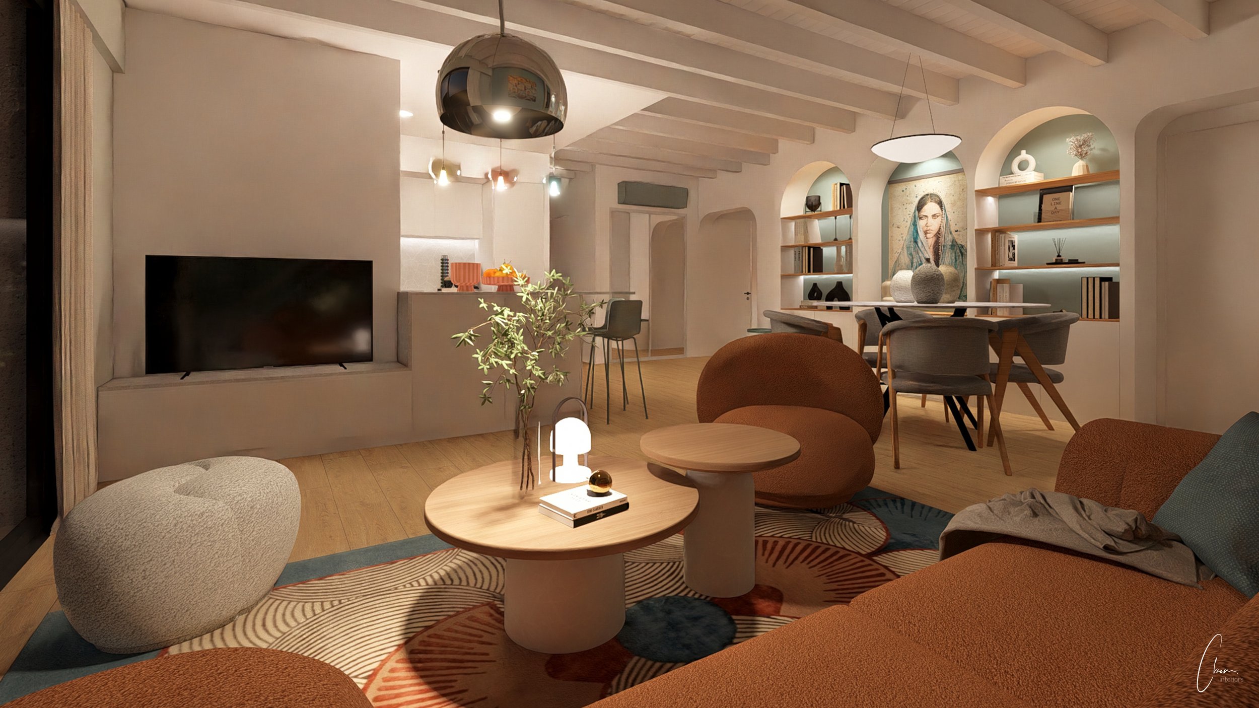 Espace de vie ouvert sur la cuisine et la salle à manger, aménagement intérieur aux niches voûtées