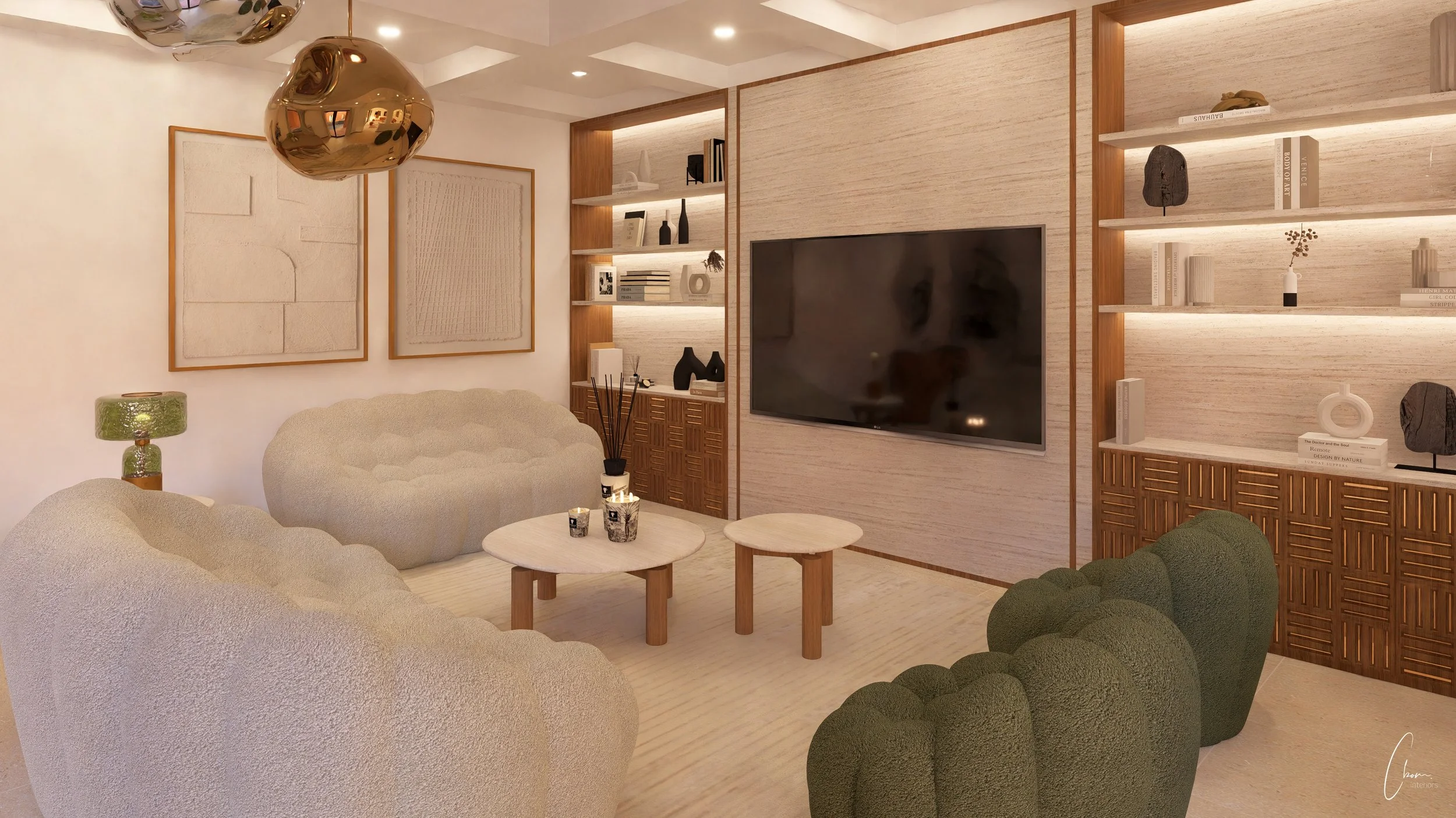 3D rendering of the second lounge in a Kuwait villa, warm and intimate TV space