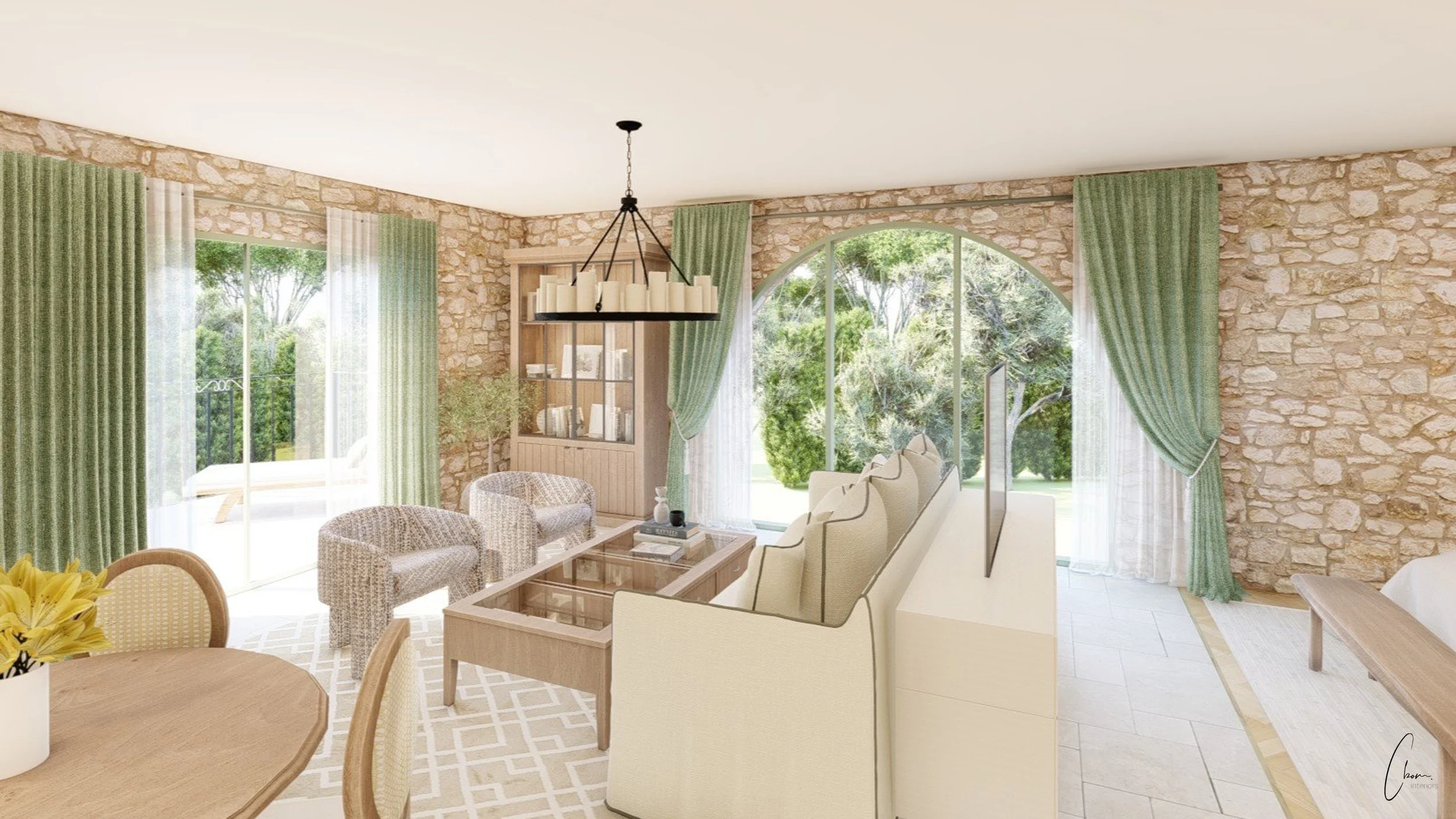 Salon d'une suite avec murs en pierre et baie vitrée cintrée donnant sur le parc, design d'intérieur d'un château dans le Médoc