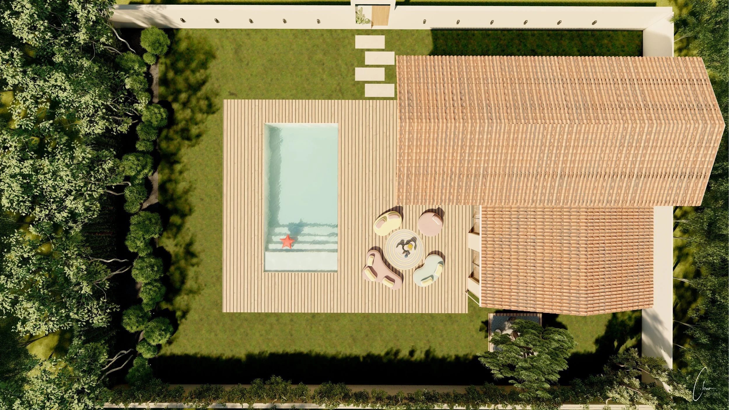 Aerial view of a home with pool and landscaped garden, outdoor design project in Pyla-sur-Mer