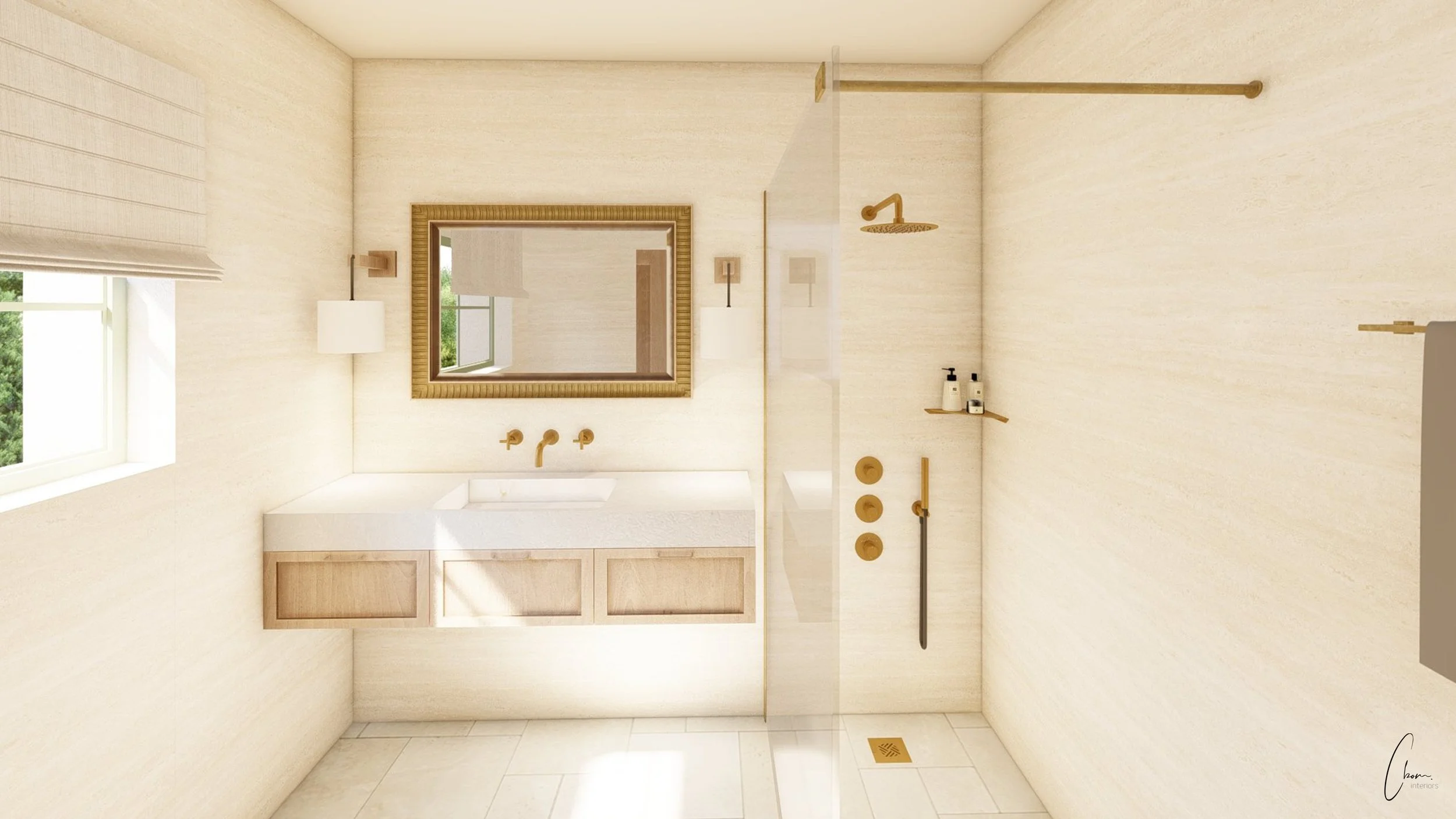 Salle de bain lumineuse d'une suite en travertin avec douche à l'italienne, aménagement d'un château dans le Médoc