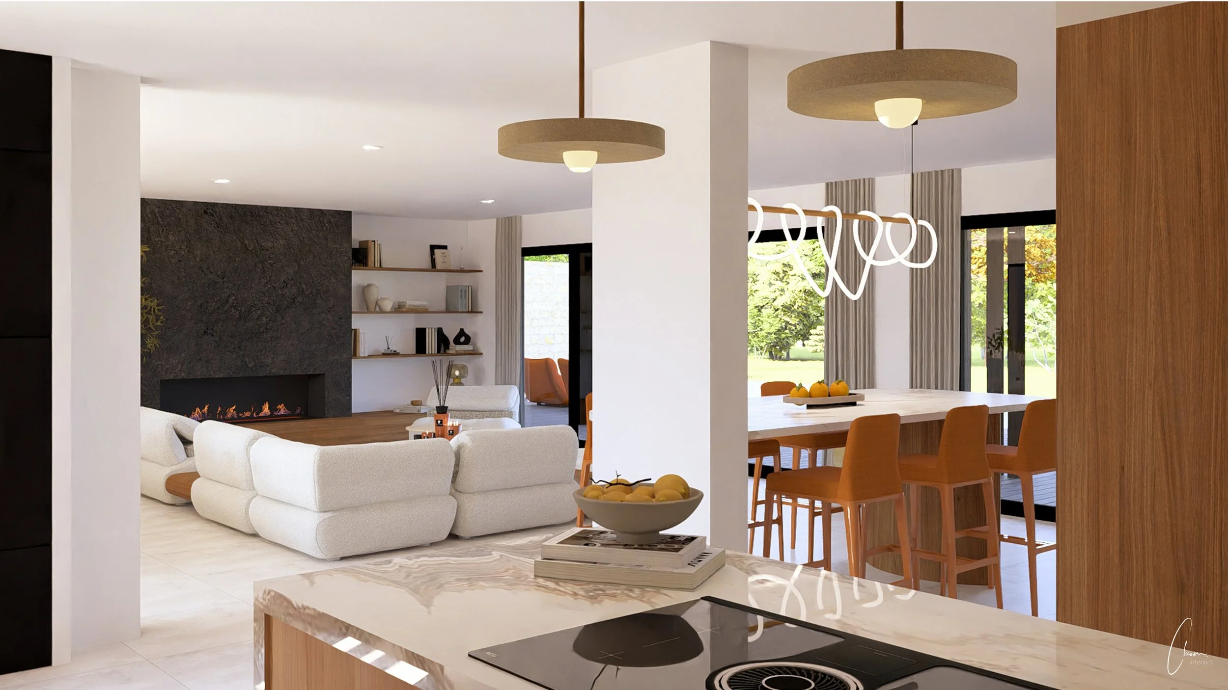 Espace de vie ouvert sur la cuisine et la salle à manger, conception 3D d'une villa contemporaine