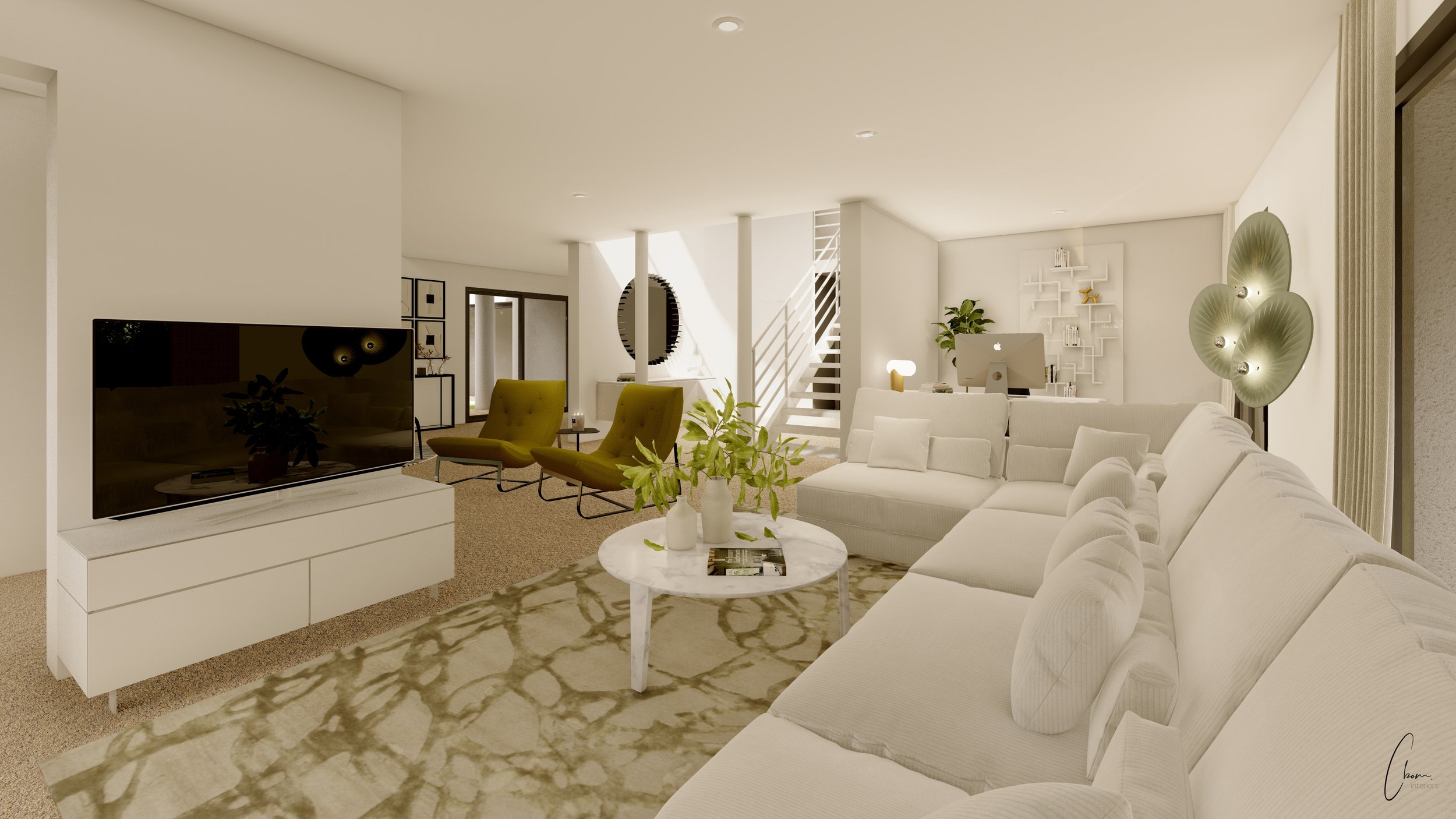 Bright TV lounge with ochre armchairs and large white corner sofa, interior architecture of a villa in Caudéran near Bordeaux
