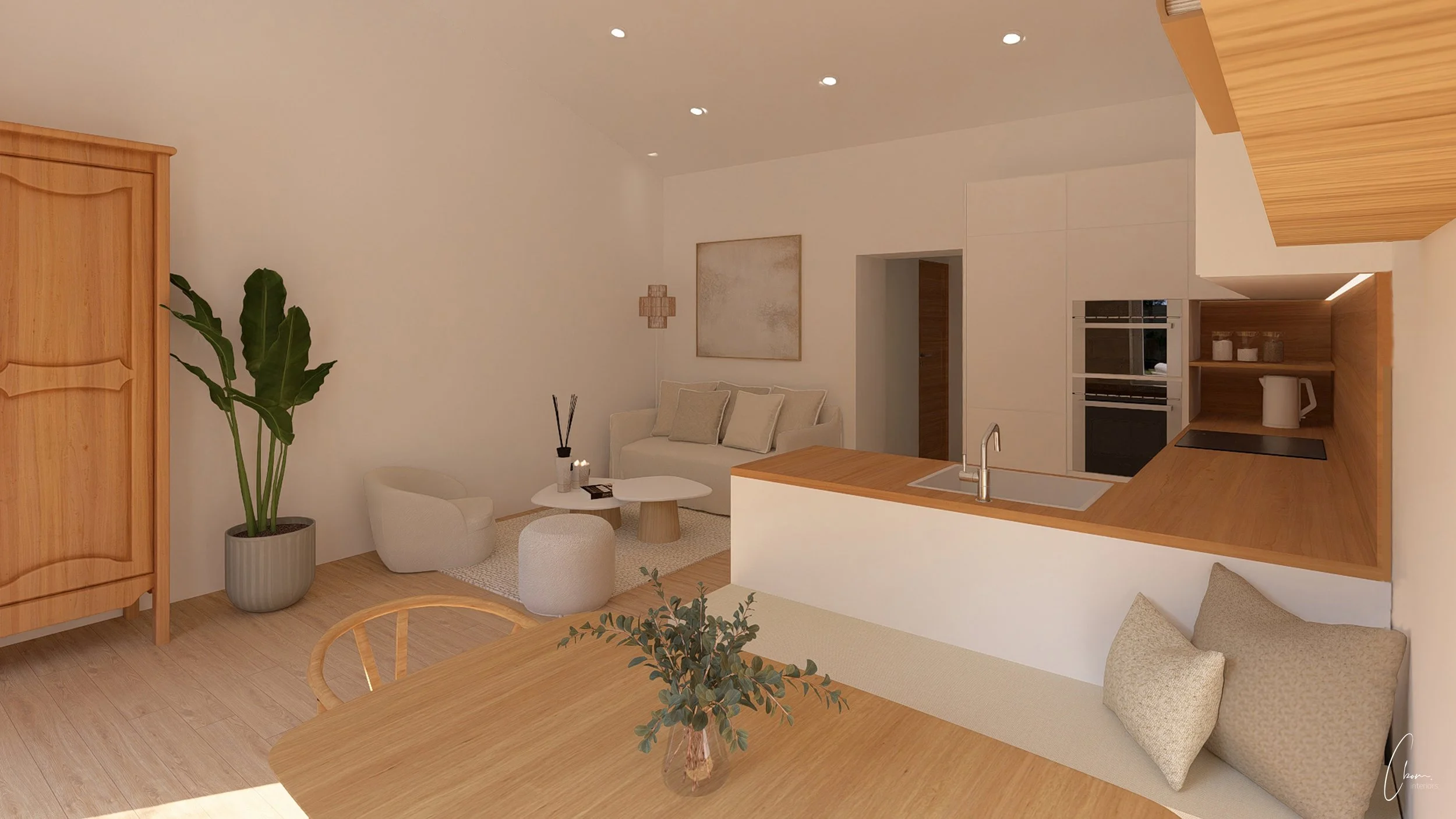 3D rendering of an open living space with kitchen and lounge area, interior design of a renovated wine vat house