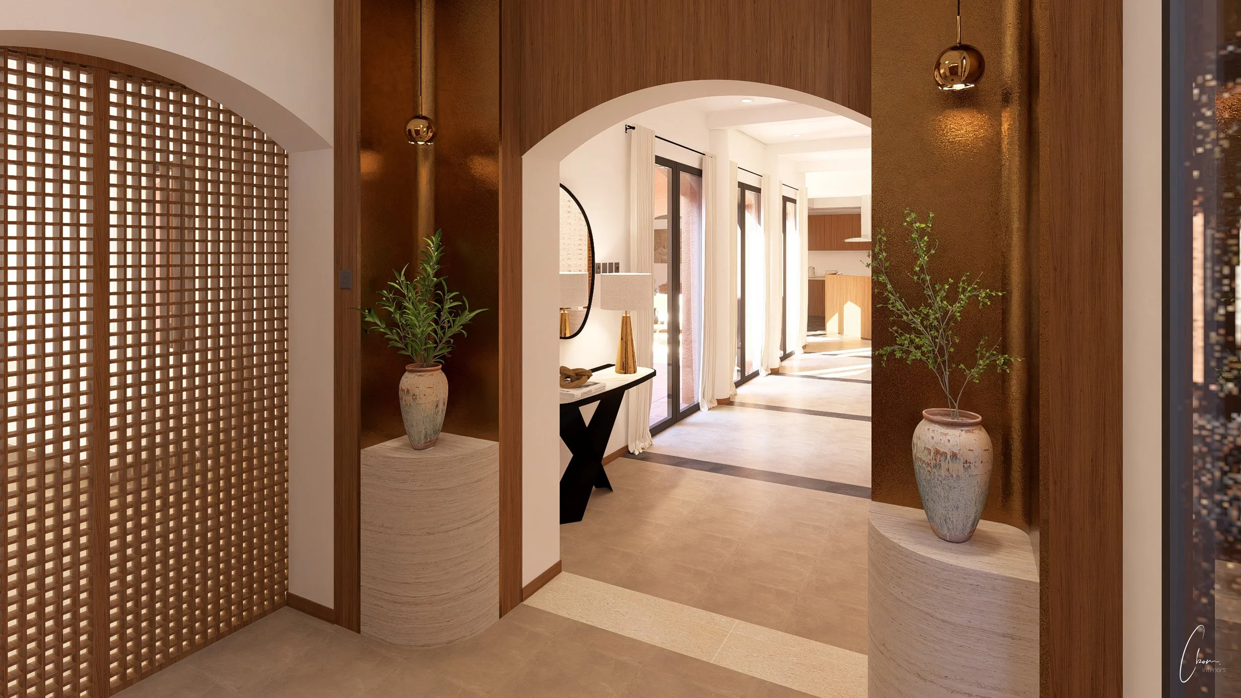 Entrance detail, ceramic vases and bespoke travertine plinth