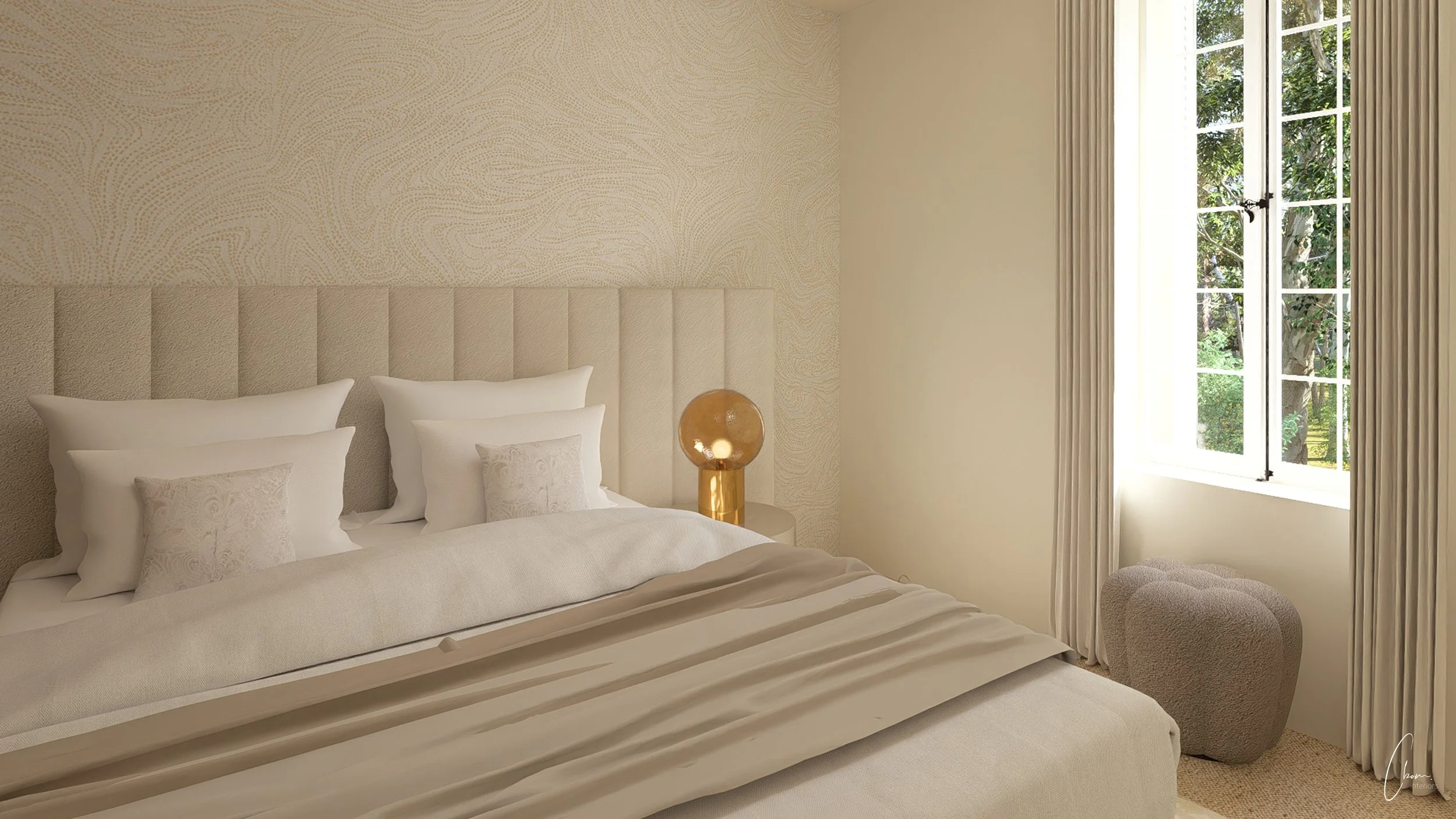 Chambre élégante aux teintes claires, aménagement intérieur d'une demeure girondine