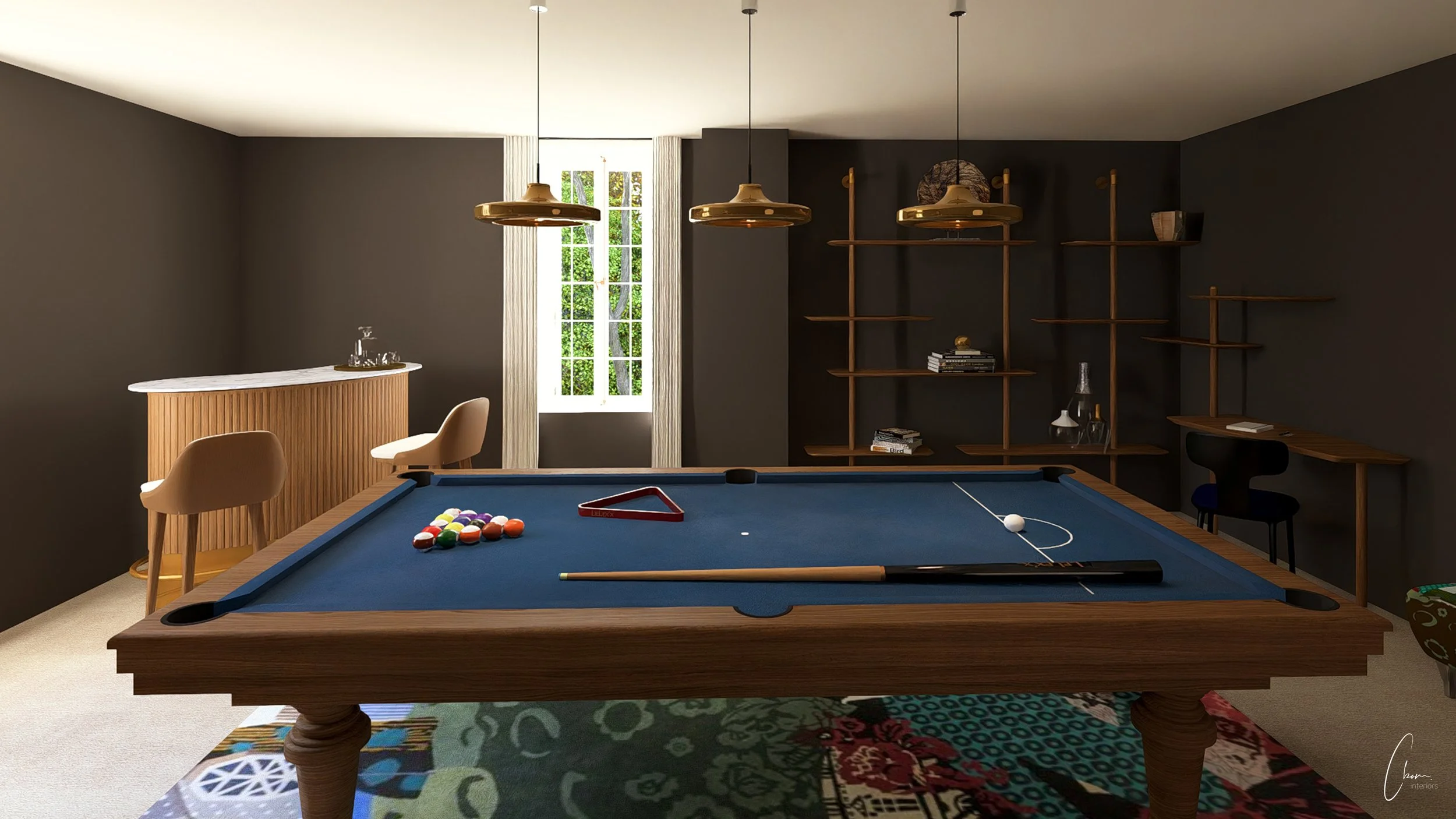 Rendu 3D d'une salle de jeu avec billard, longère en Gironde aux murs sombres et bar sur mesure