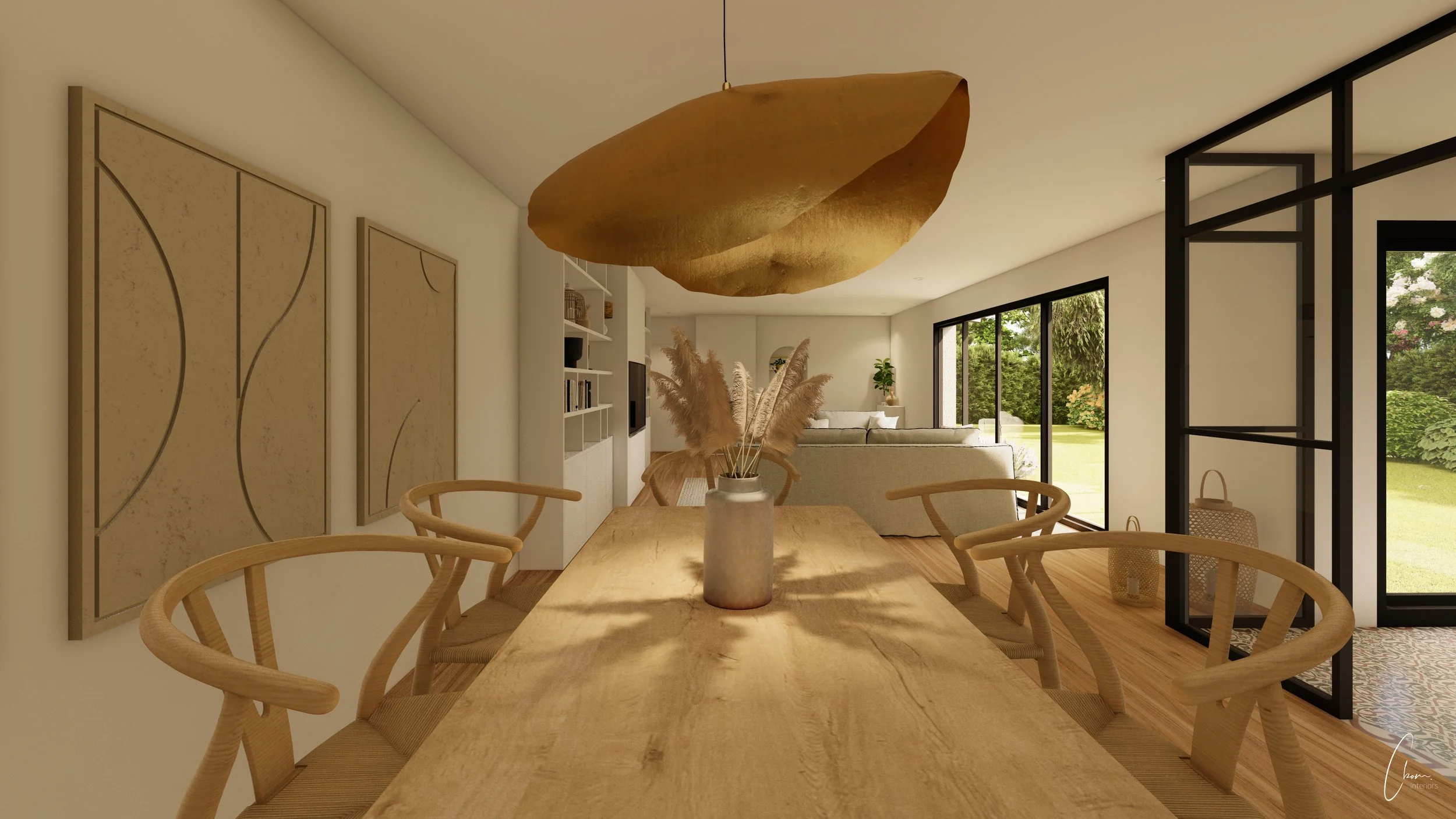Rendu 3D d'une salle à manger lumineuse avec table en bois et suspension dorée, projet de construction à Bordeaux
