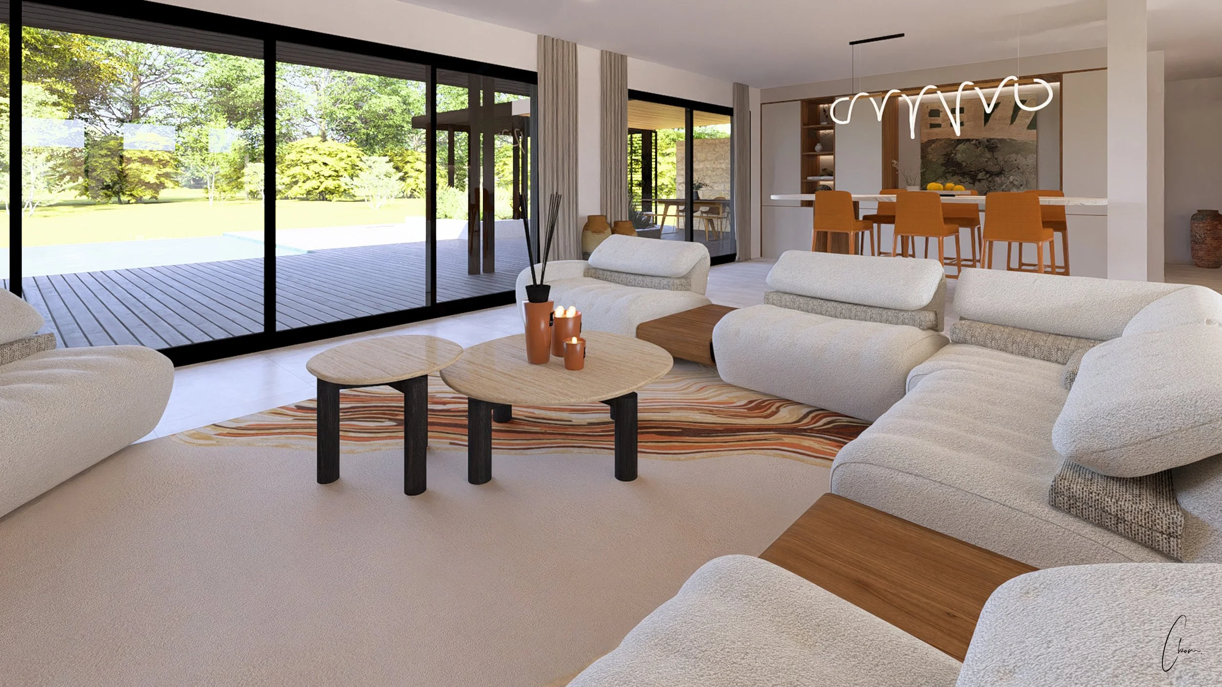 Spacious lounge open to the terrace and pool, 3D design of an interior architecture project