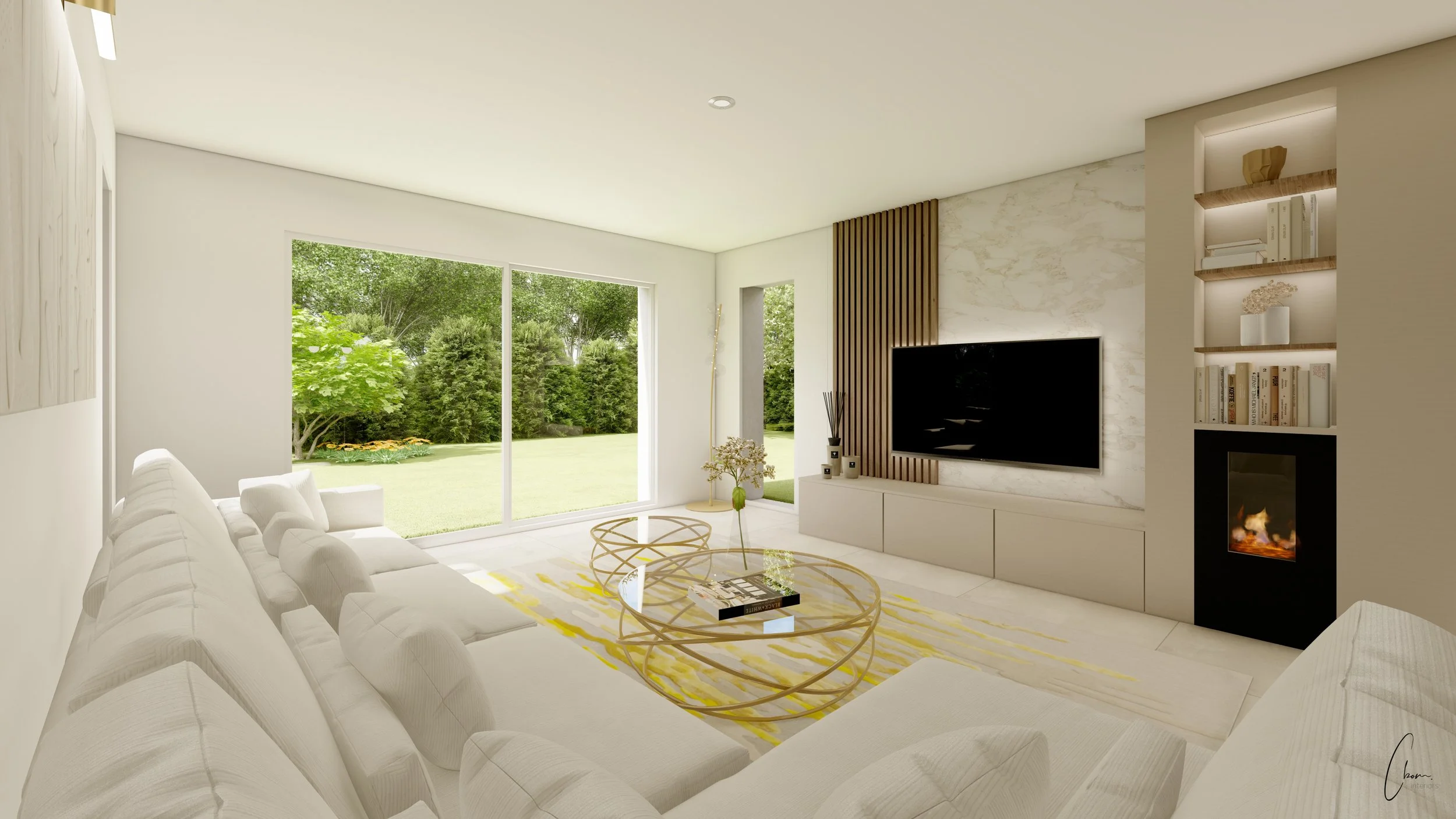 Bright lounge with wood-burning stove and bespoke TV unit, 3D rendering of an interior design project open to the garden