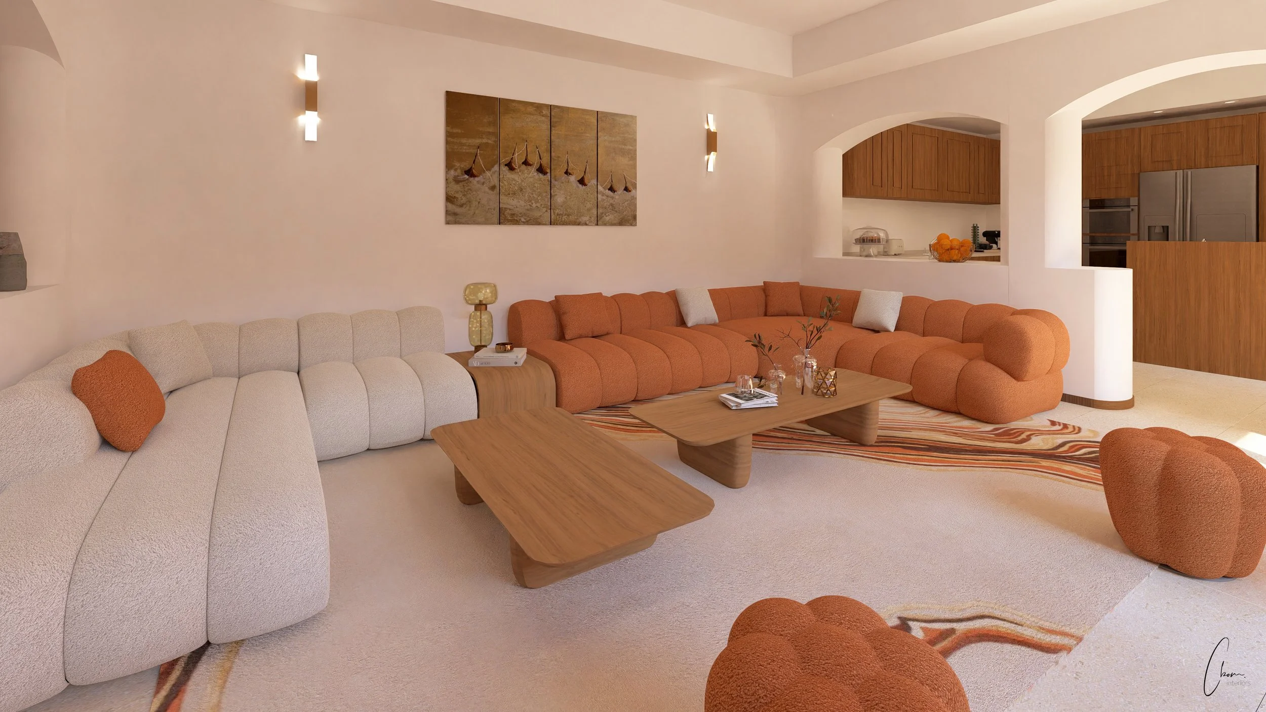 Overview of the main lounge, bespoke furniture layout with organic-pattern rug