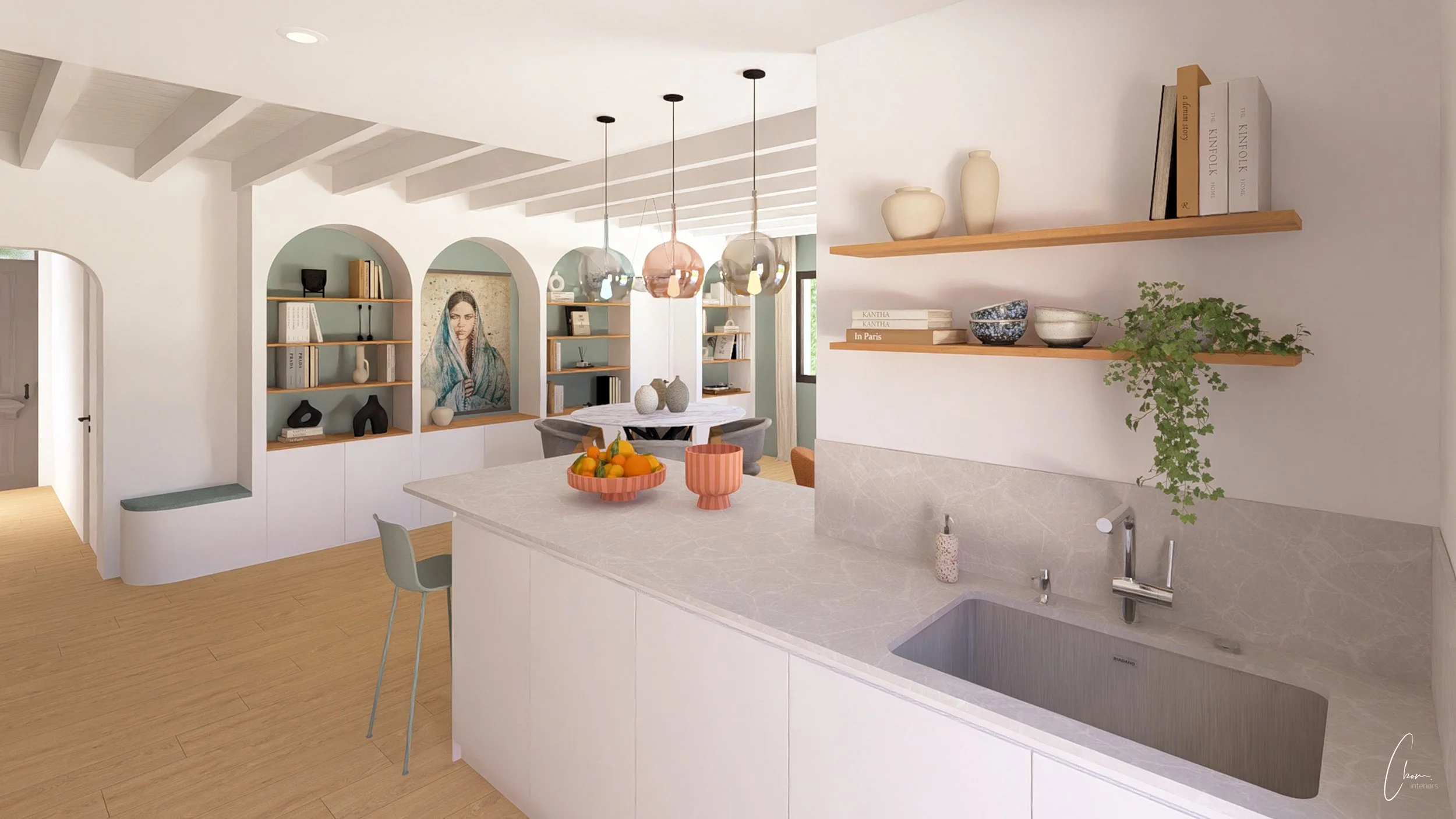 Cuisine et salle à manger ouvertes, aménagement intérieur aux tons doux et touches culturelles