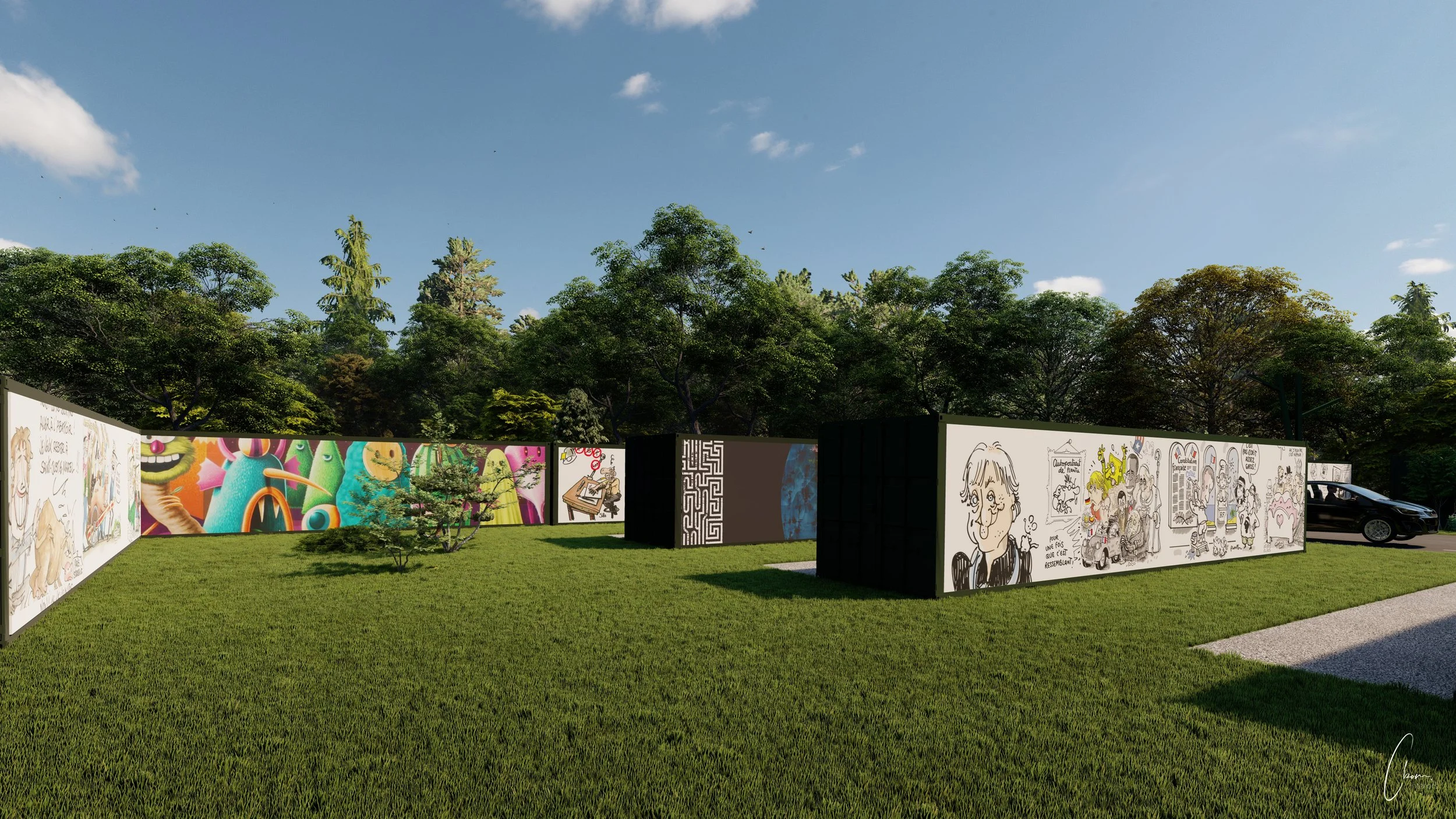 Ensemble de conteneurs habillés de fresques au cœur d'un parc, projet d'aménagement extérieur à Limoges