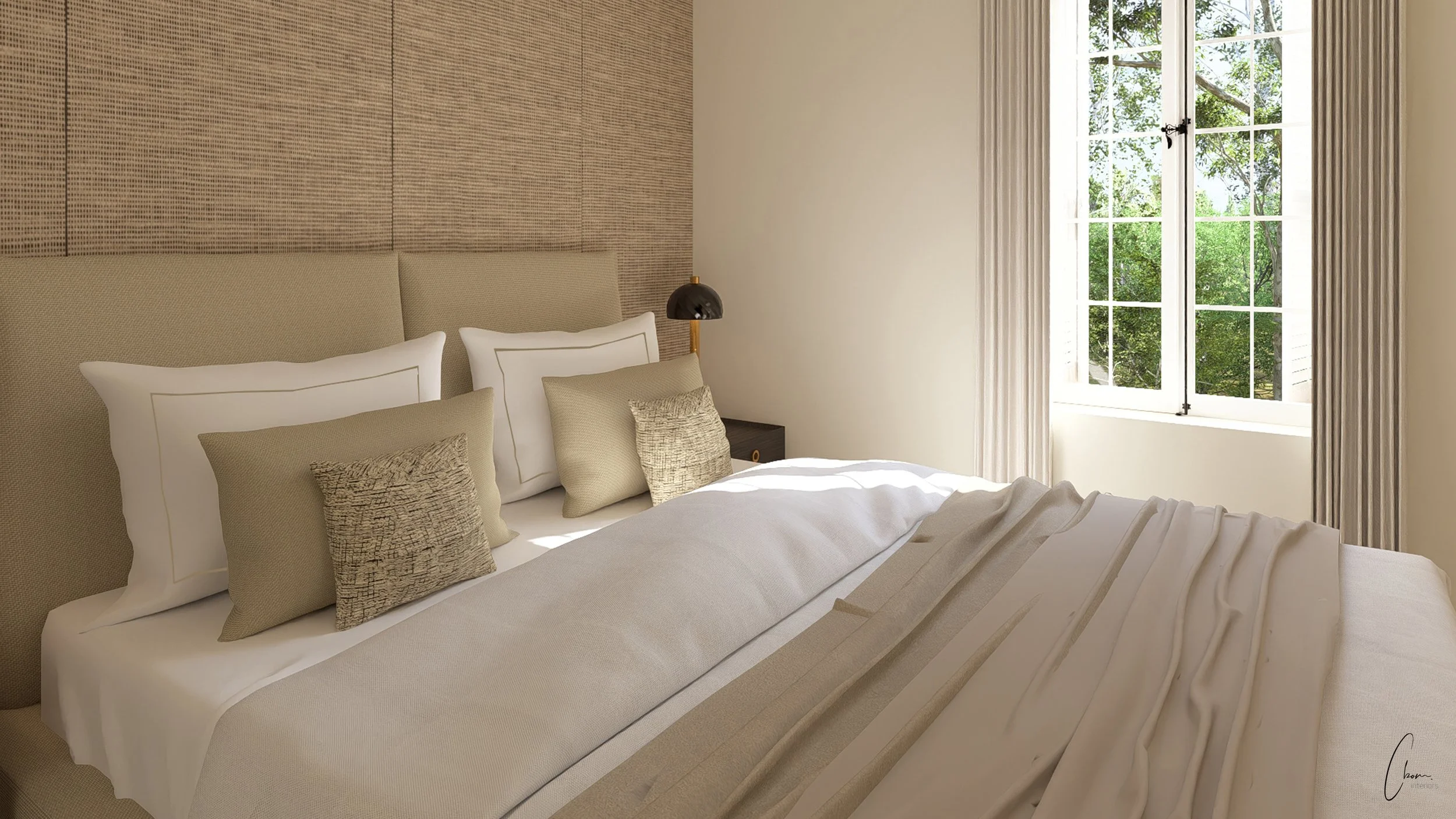 Vue d'ensemble de la chambre Monceau, agencement épuré d'une demeure de caractère