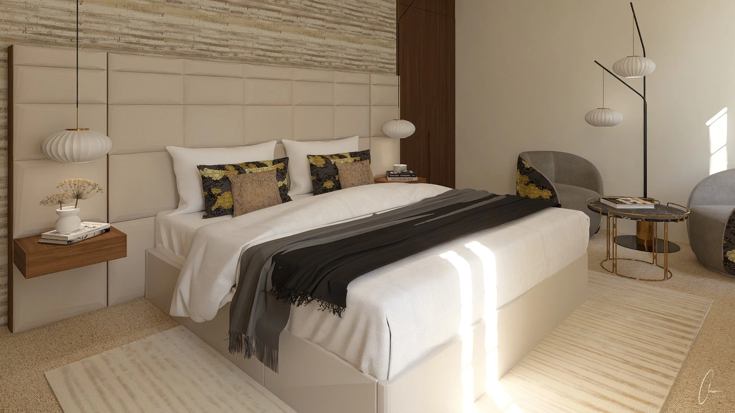 Rendu 3D de la suite parentale d'une longère en Gironde, tête de lit matelassé et matières naturelles