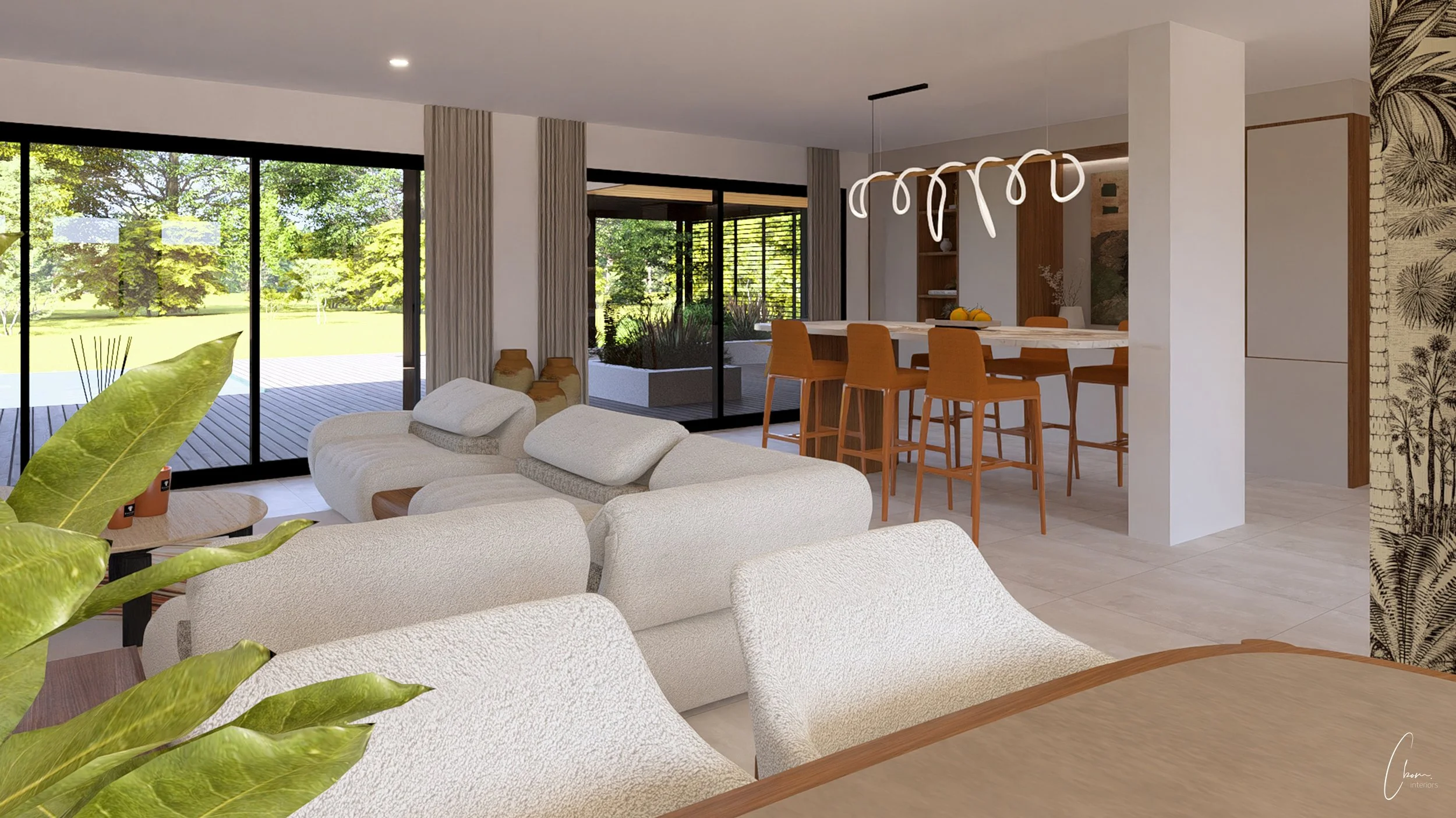 Light-filled living space open to the garden, 3D rendering of an organic-design villa