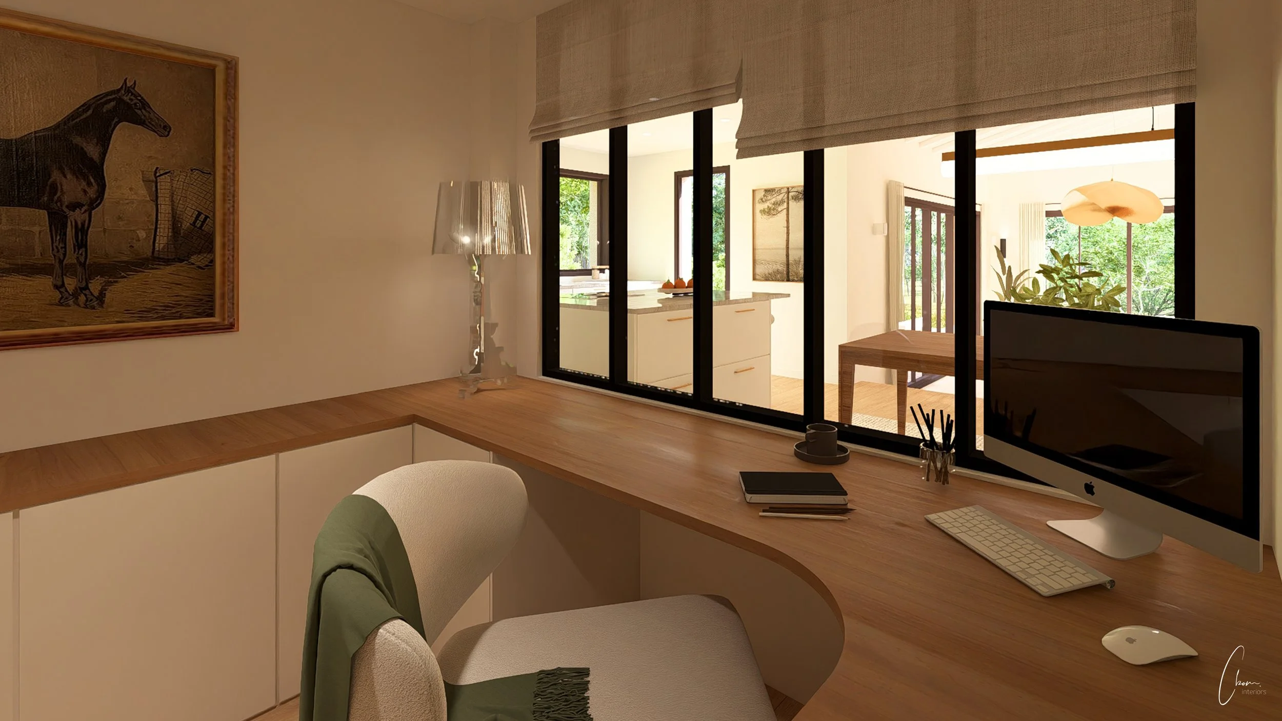 Coin bureau lumineux avec verrière intérieure, conception 3D d'un projet d'architecture d'intérieur