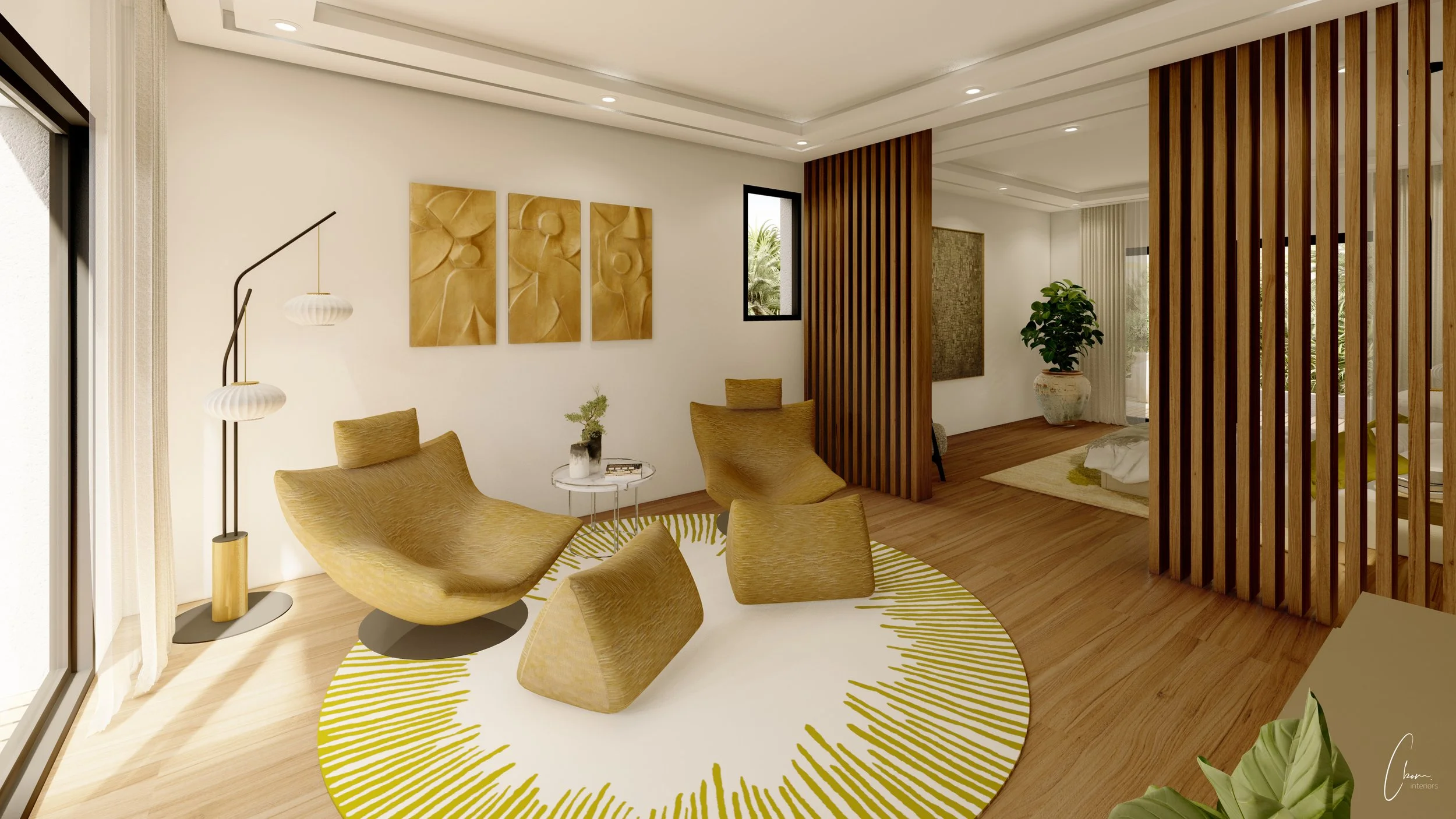 Master suite lounge open to the bedroom through a wooden slat partition, interior design of a Marrakech villa