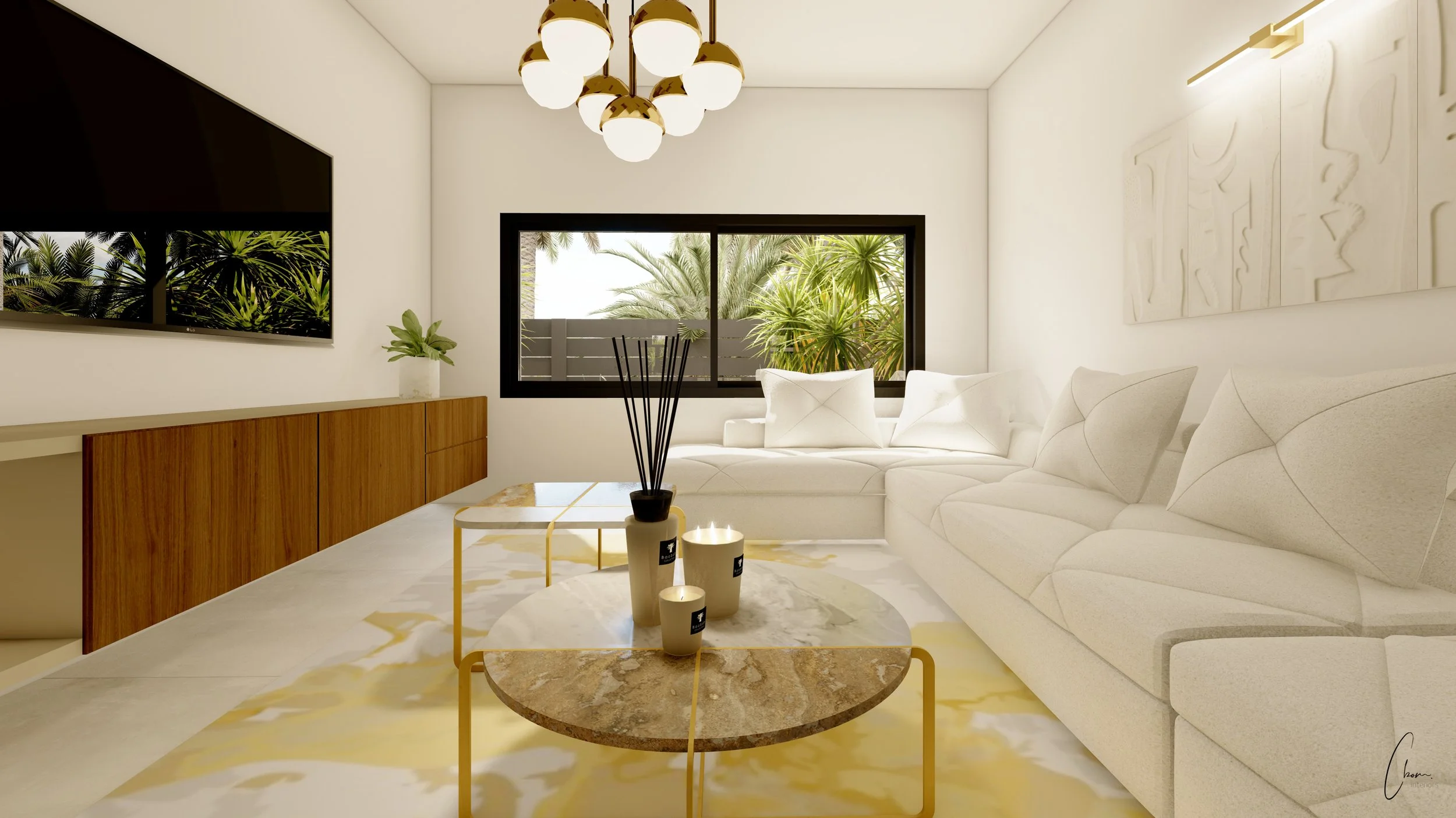 Salon TV lumineux avec canapé d'angle blanc et meuble en bois, aménagement d'une villa à Marrakech