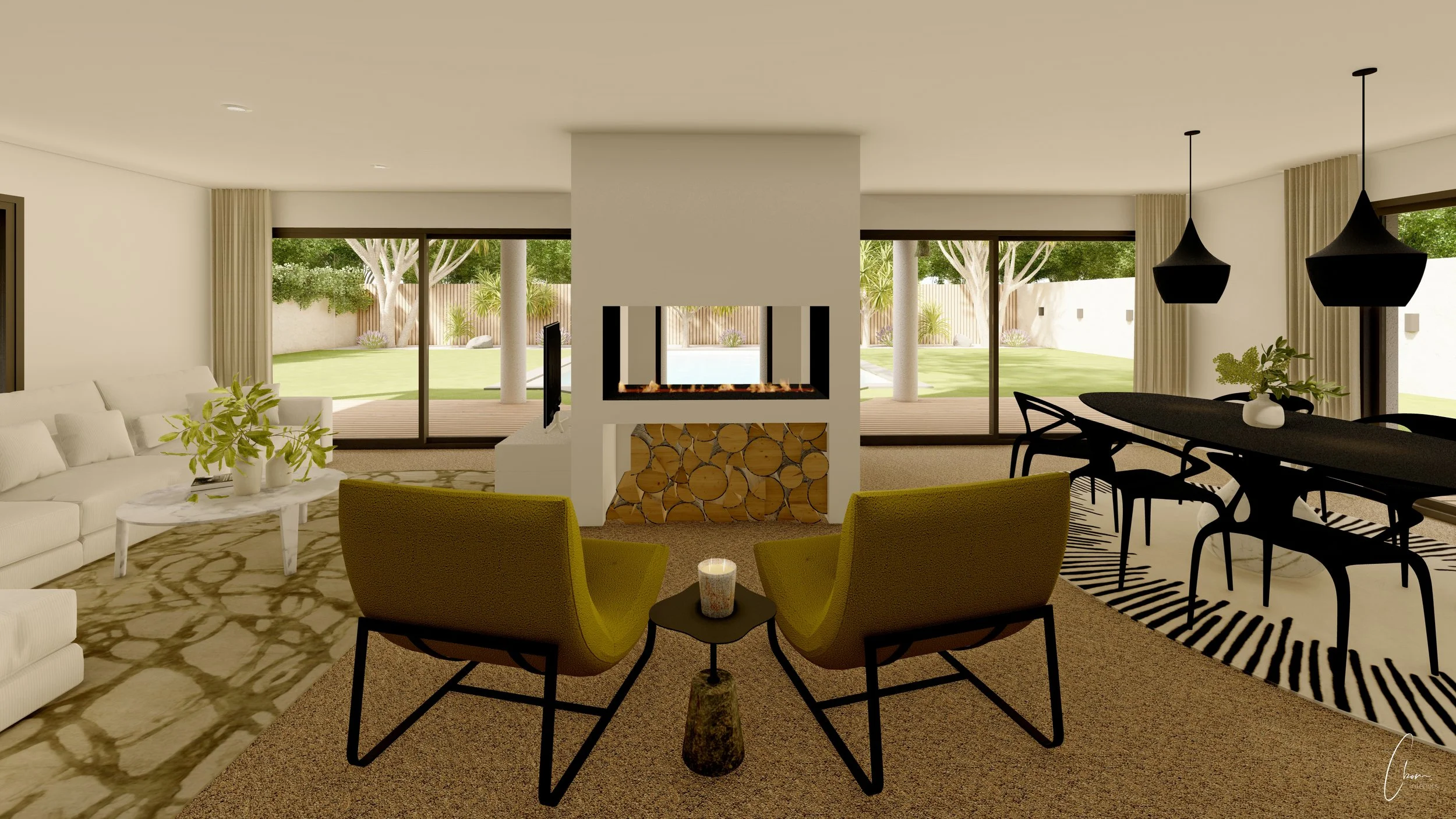 Living space with central fireplace separating the lounge from the dining room, interior design of a villa in Caudéran near Bordeaux