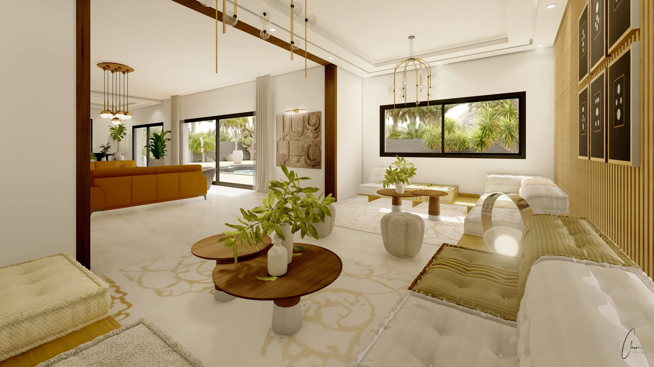 Salon de réception ouvert sur la pièce de vie et la terrasse de la piscine, architecture d'intérieur d'une villa à Marrakech