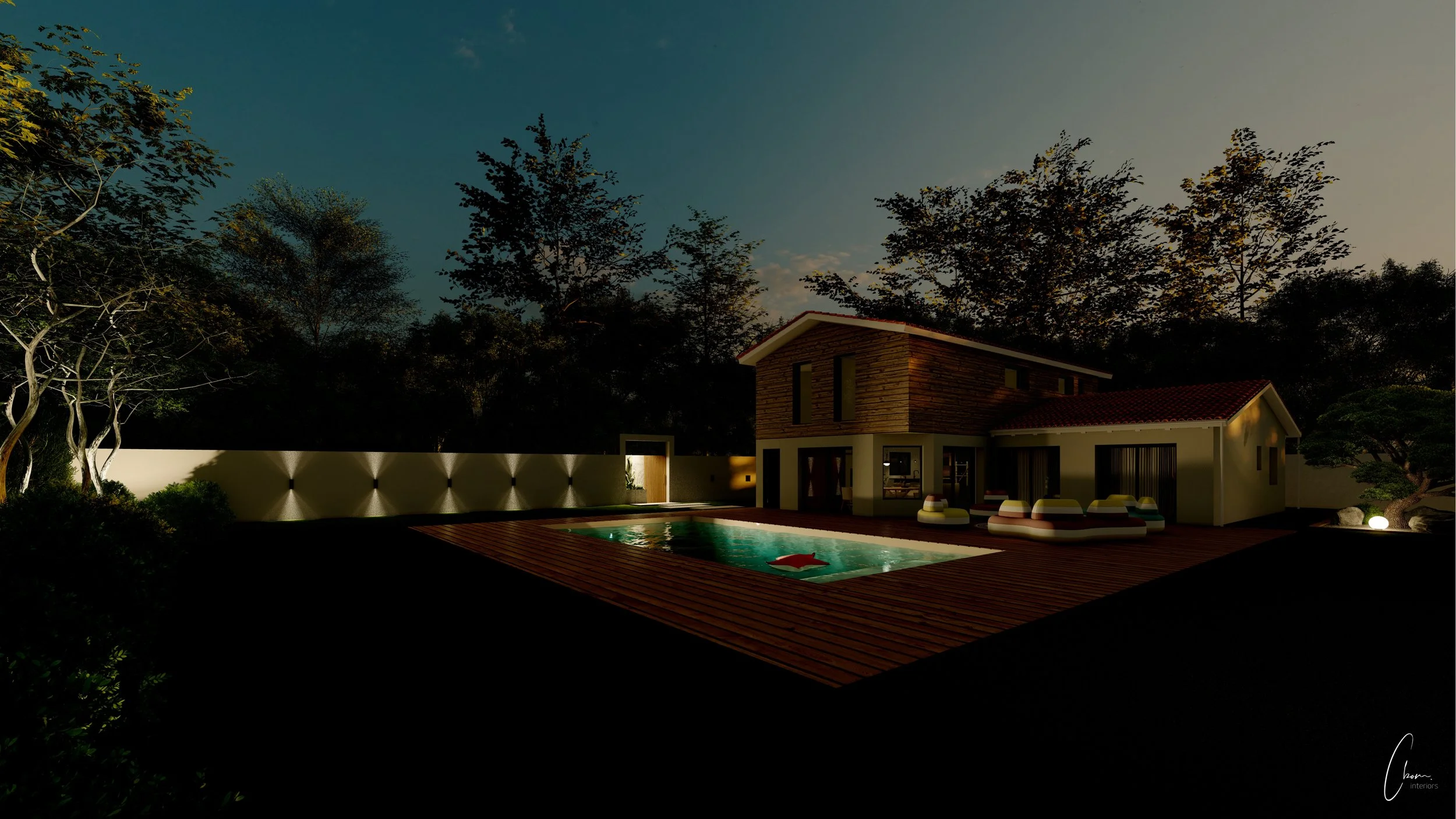 Outdoor lounge in evening lighting by the poolside, terrace design in Pyla-sur-Mer