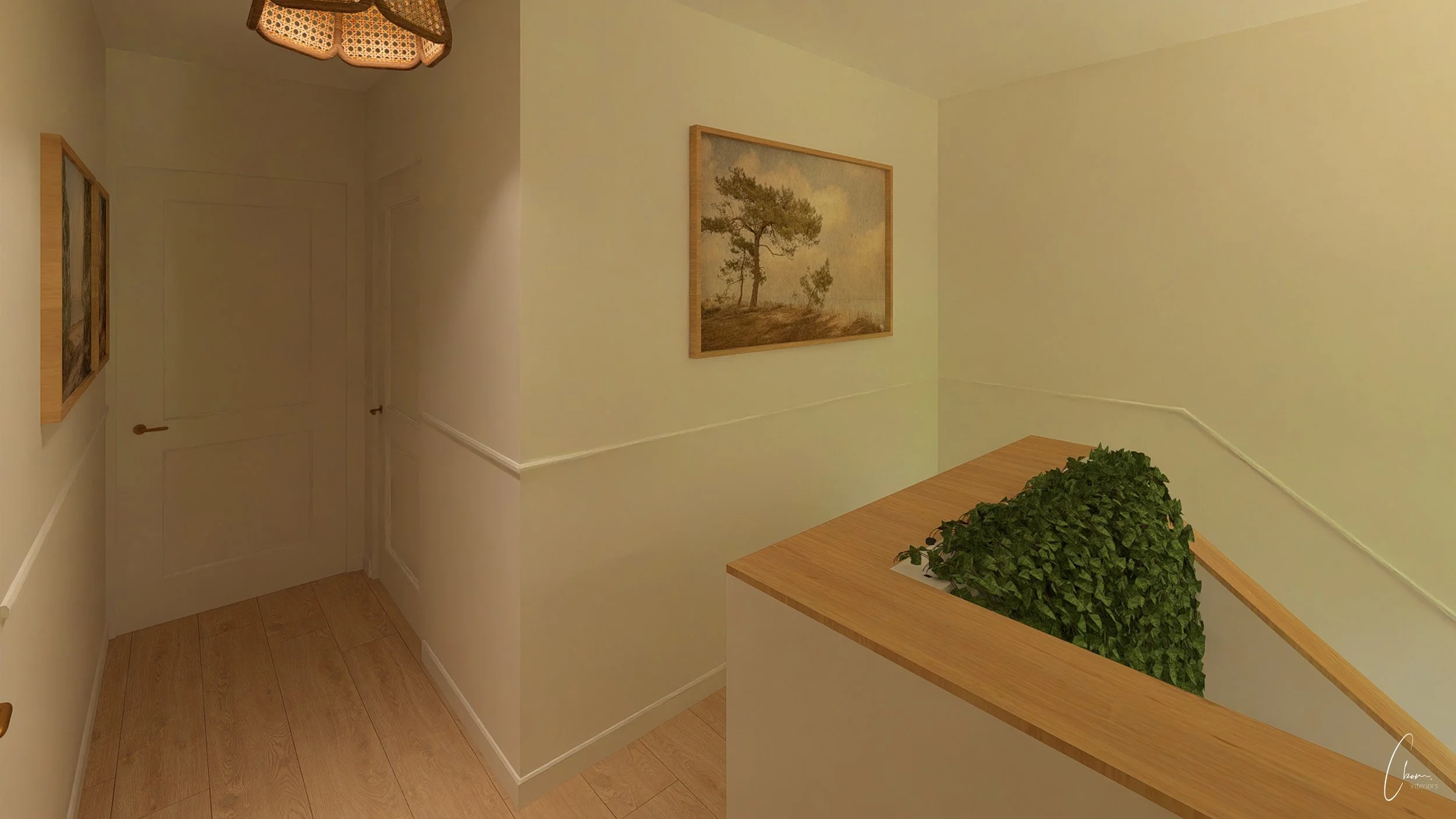 Rendu 3D d'un palier d'étage avec œuvre d'art, maison lège cap ferret aux tons doux