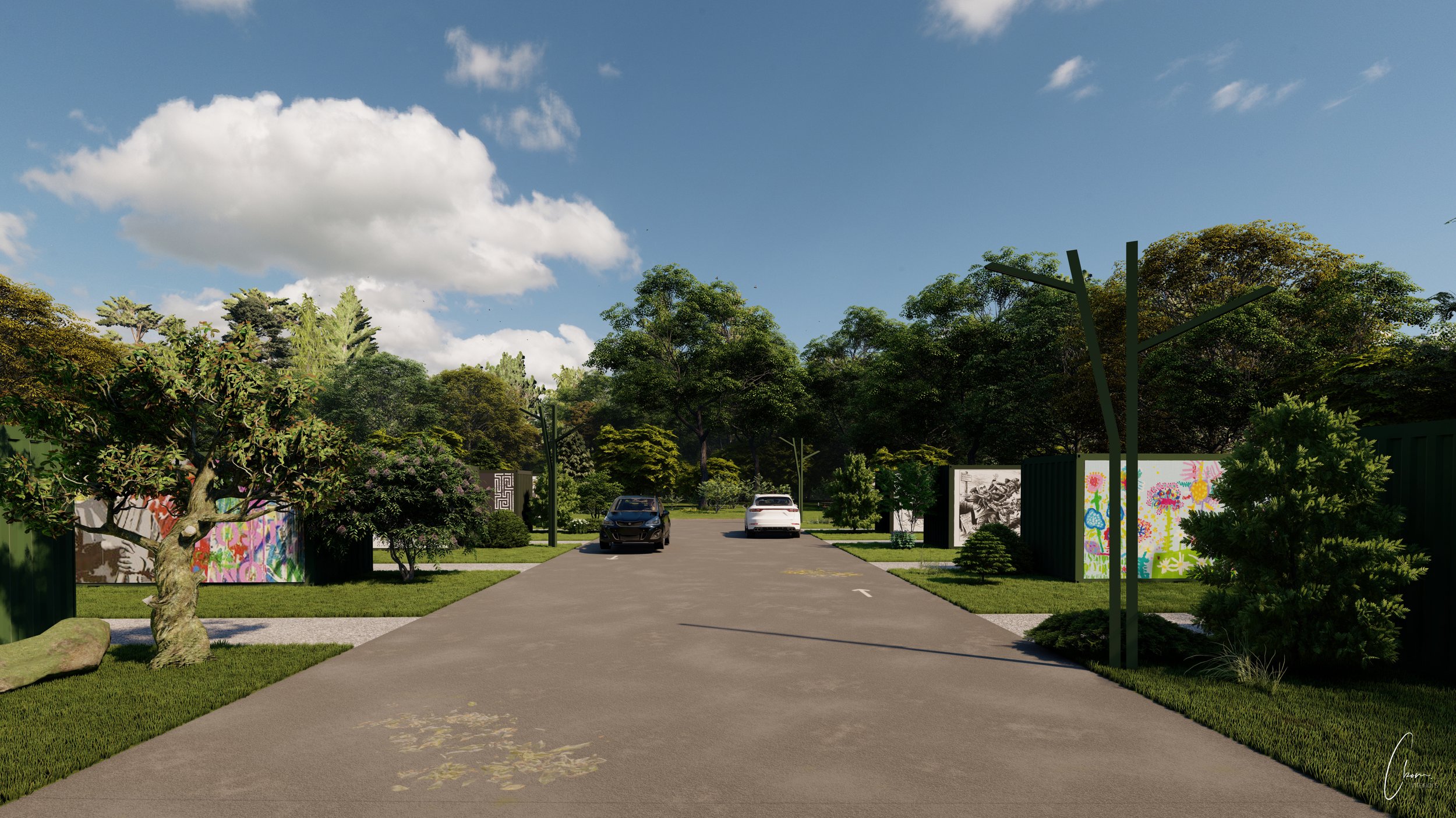 Pathway crossing a landscaped park punctuated by artistic containers, outdoor design project in Limoges