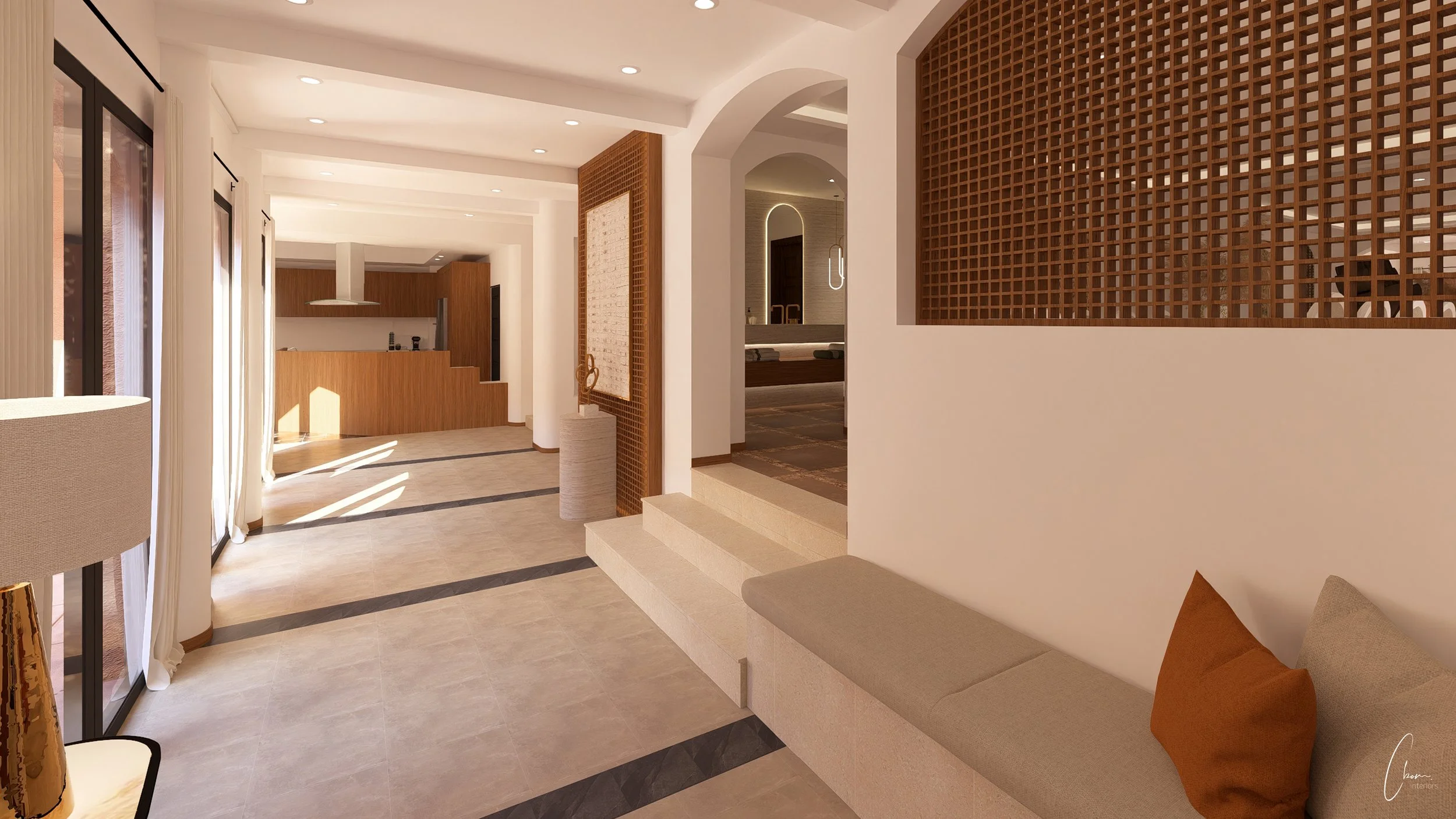 Perspective view of the hallway towards the kitchen, refined layout and circulation