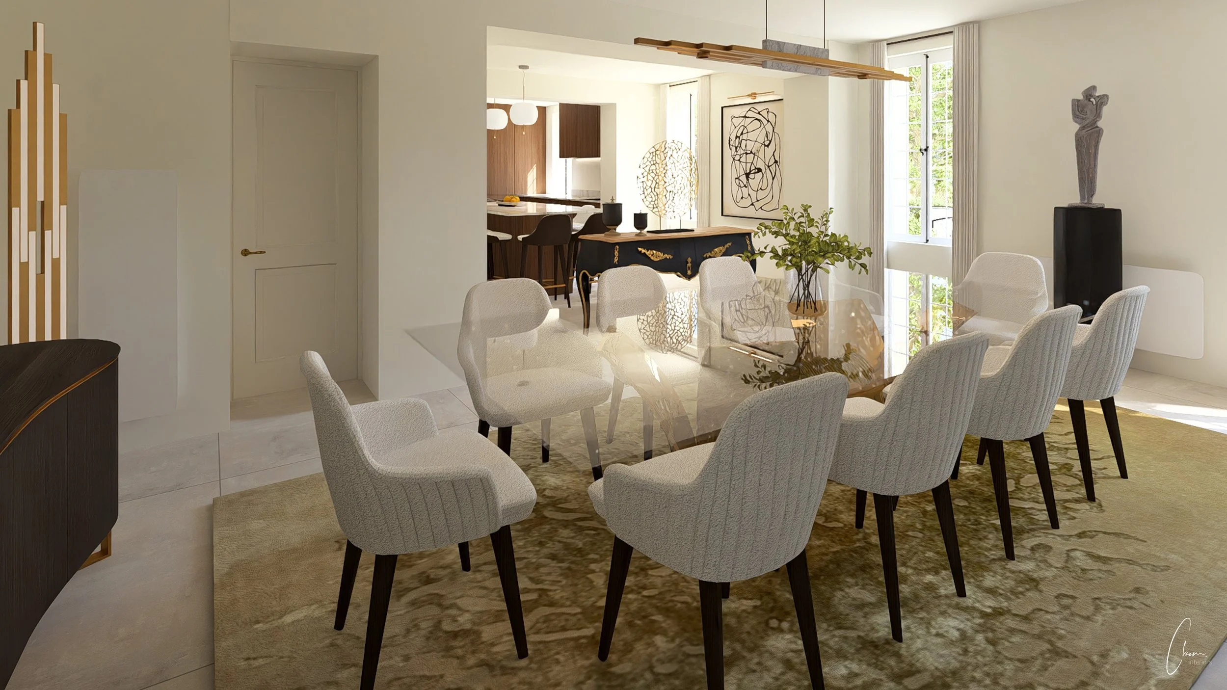 Rendu 3D de la salle à manger d'une longère en Gironde, grande table et chaises en bouclette