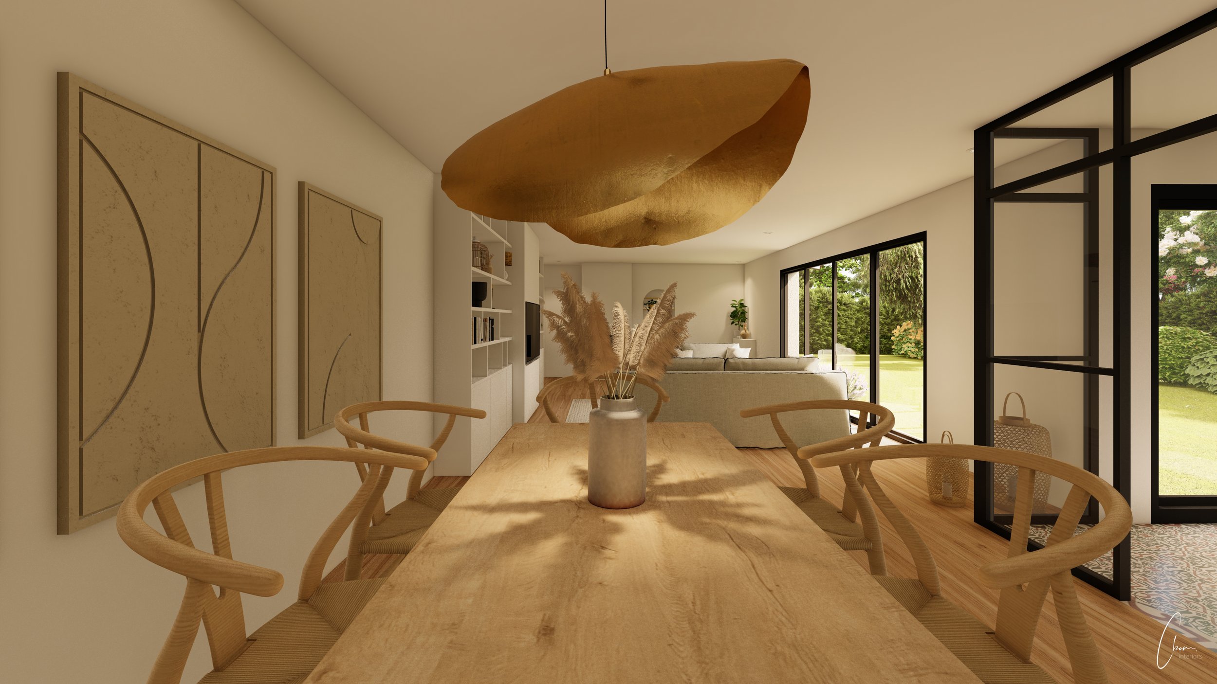 3D rendering of a bright dining room with wooden table and brass pendant light, Bordeaux new build project