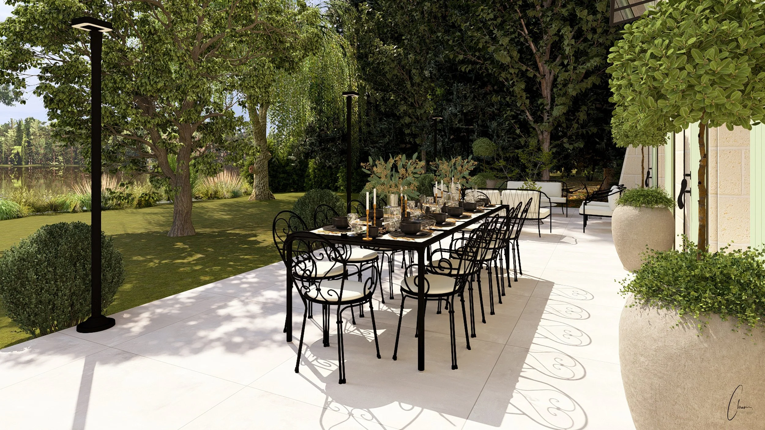 Vue de jour de la longère, espace extérieur convivial pour les repas en famille