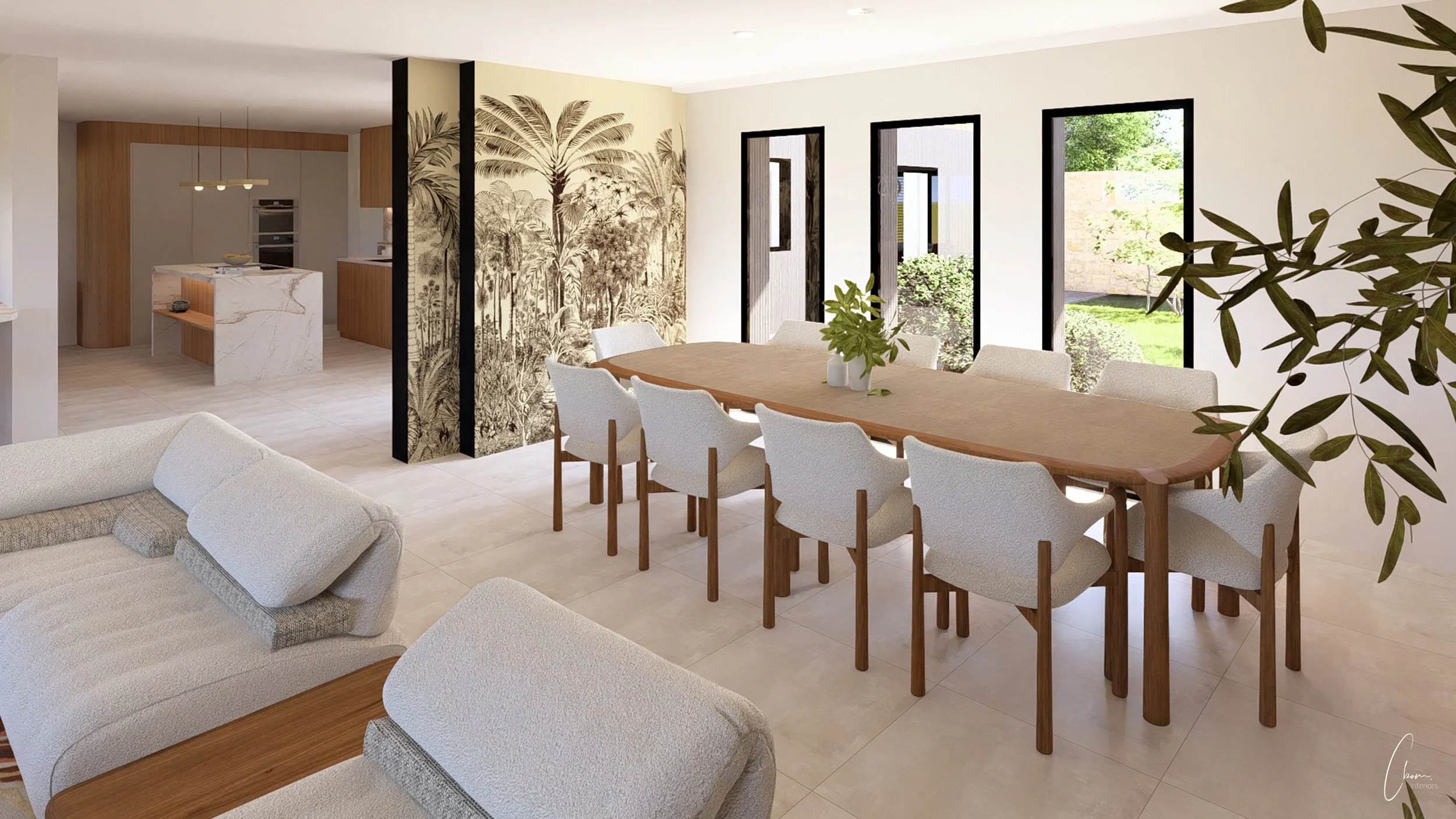 Dining area with large wooden table, 3D design of an interior architecture project
